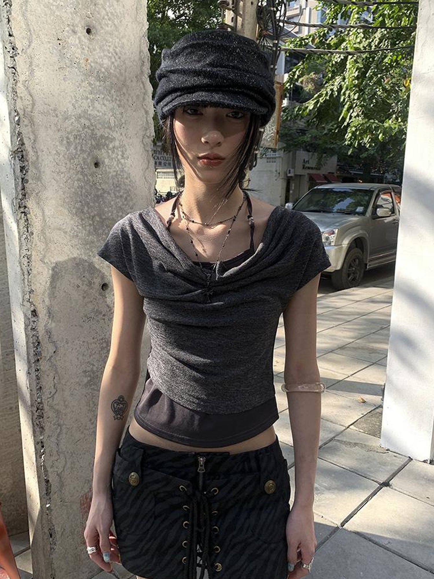 Updateang project Post Apocalyptic Stacked Collar Layered Tie Detail Stretch Slim Tee