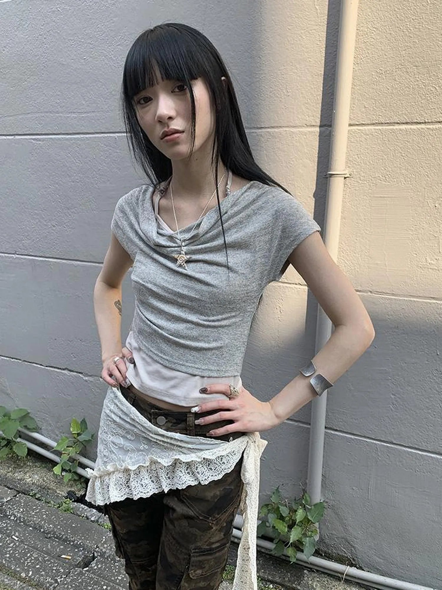 Post Apocalyptic Stacked Collar Layered Tie Detail Stretch Slim Tee