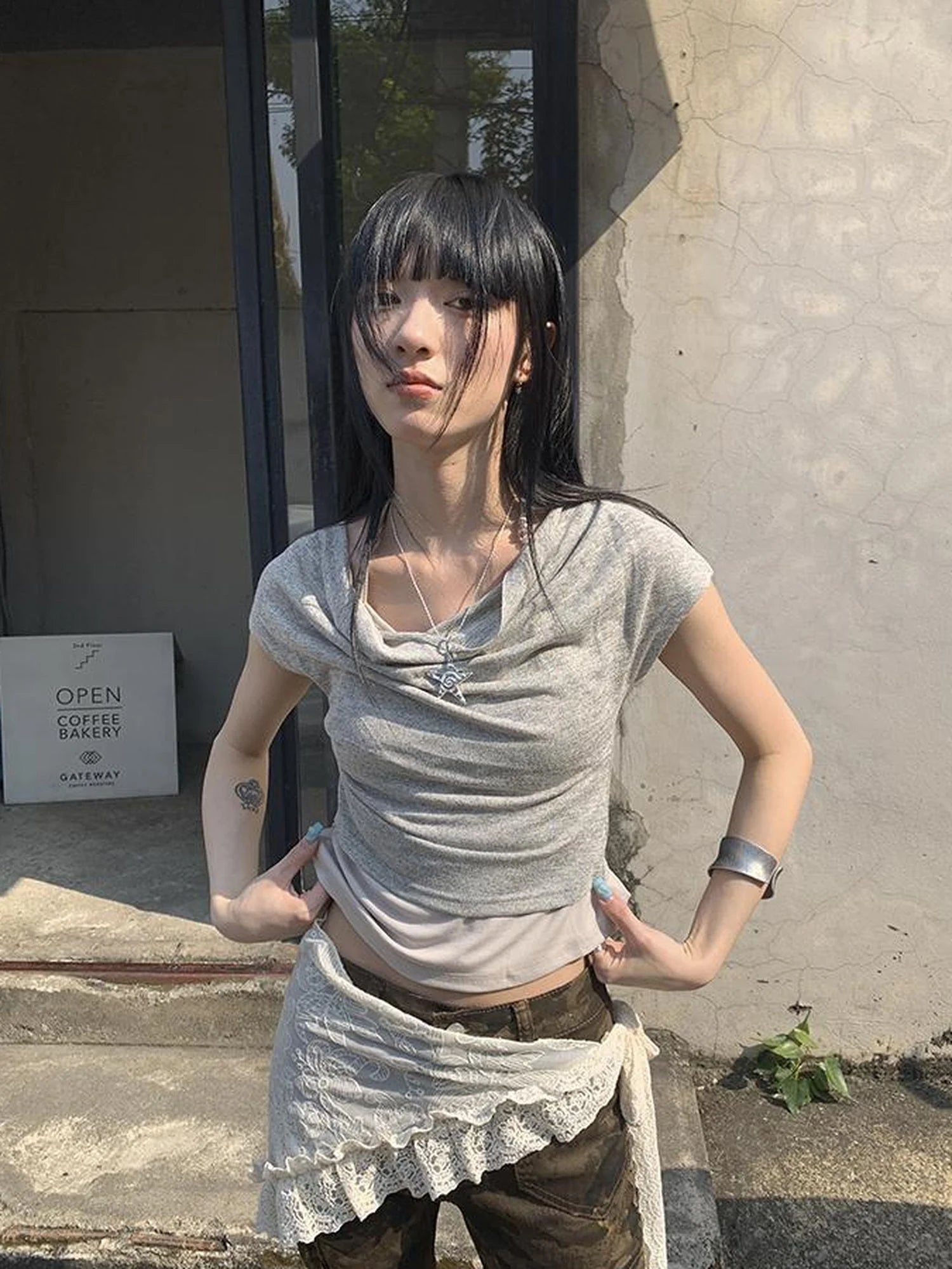 Post Apocalyptic Stacked Collar Layered Tie Detail Stretch Slim Tee