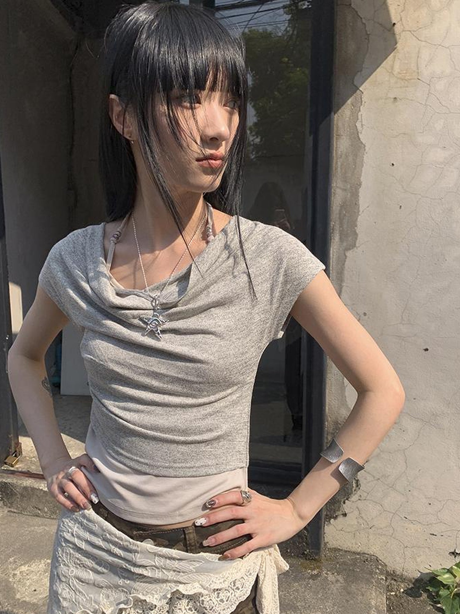 Updateang project Post Apocalyptic Stacked Collar Layered Tie Detail Stretch Slim Tee