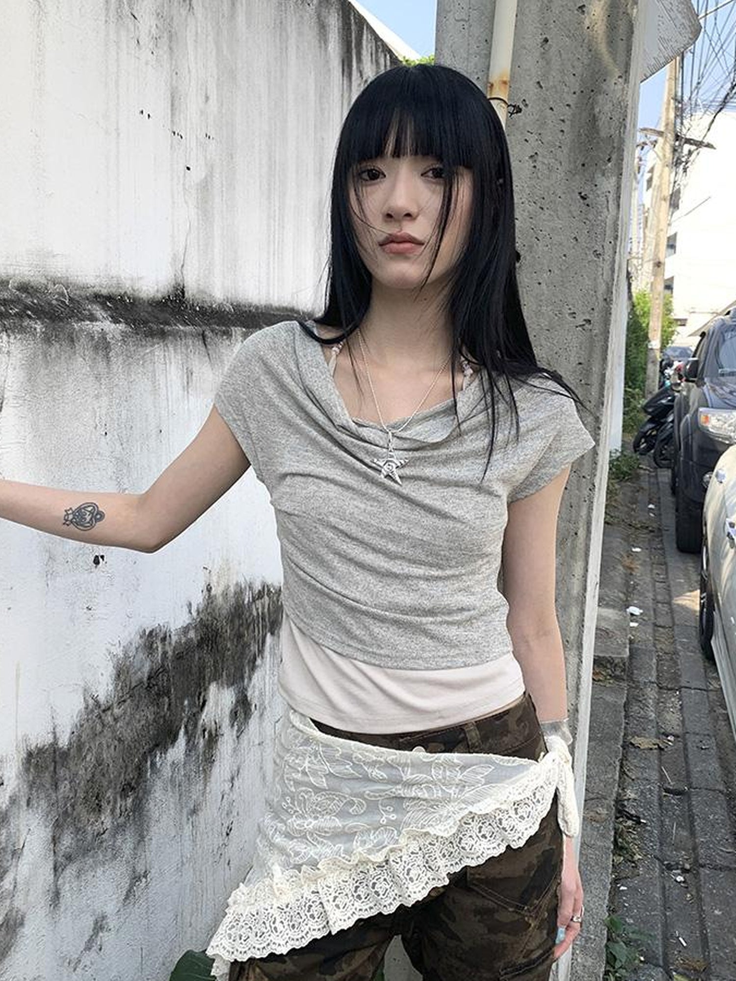 Updateang project Post Apocalyptic Stacked Collar Layered Tie Detail Stretch Slim Tee