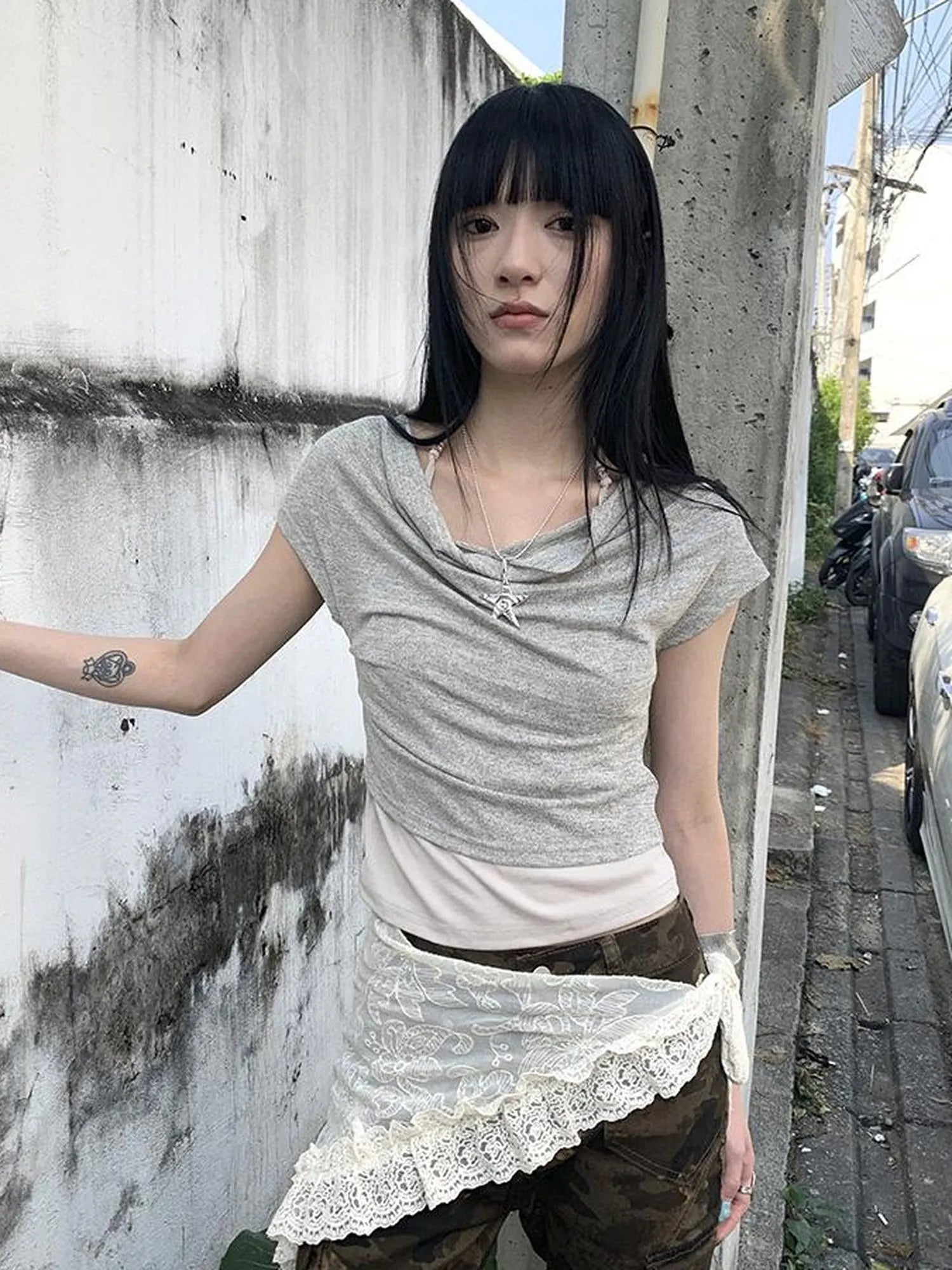Post Apocalyptic Stacked Collar Layered Tie Detail Stretch Slim Tee