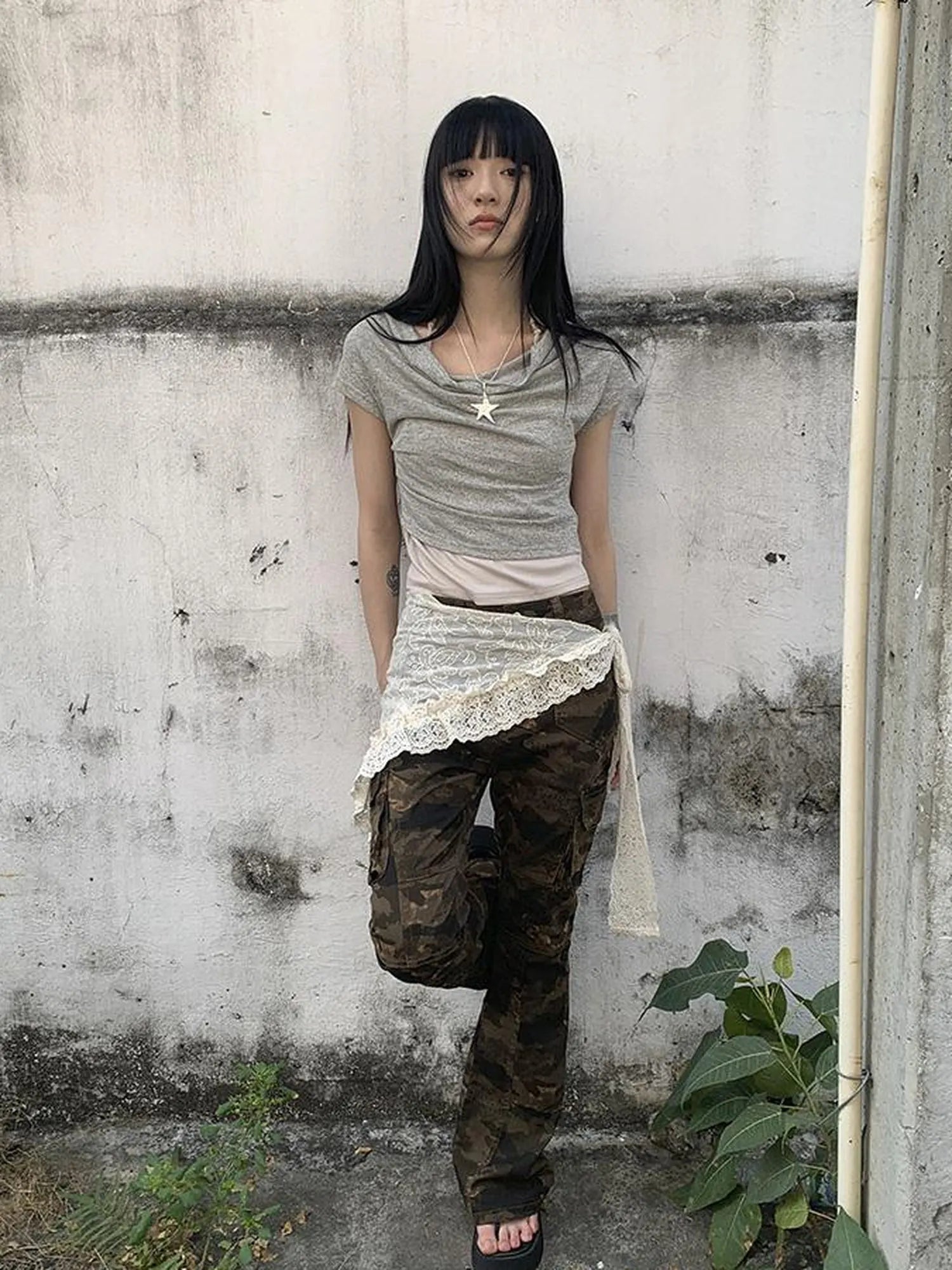 Post Apocalyptic Stacked Collar Layered Tie Detail Stretch Slim Tee