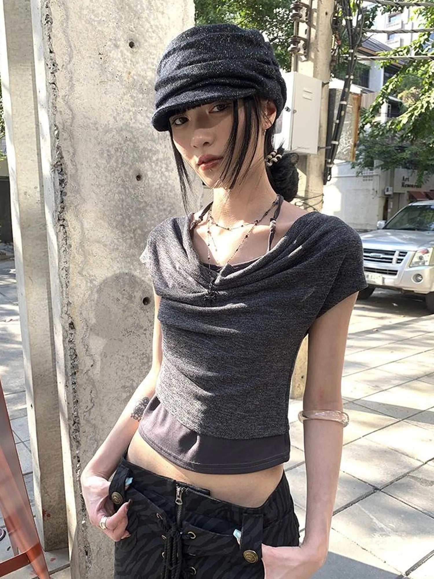 Post Apocalyptic Stacked Collar Layered Tie Detail Stretch Slim Tee