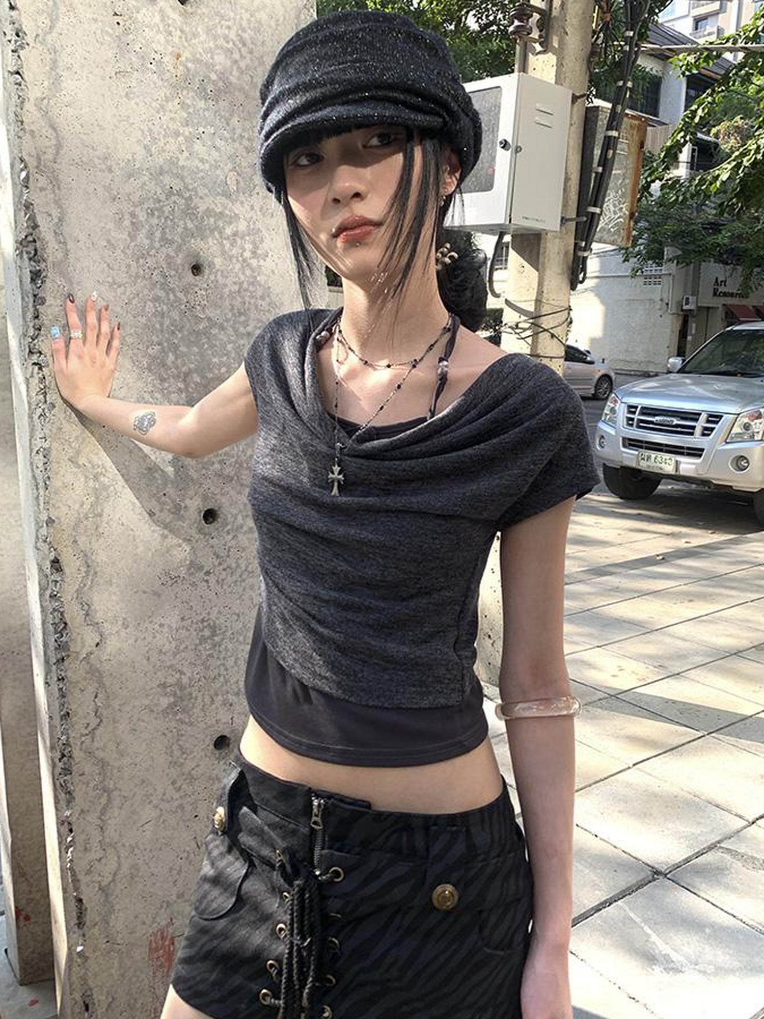 Updateang project Post Apocalyptic Stacked Collar Layered Tie Detail Stretch Slim Tee