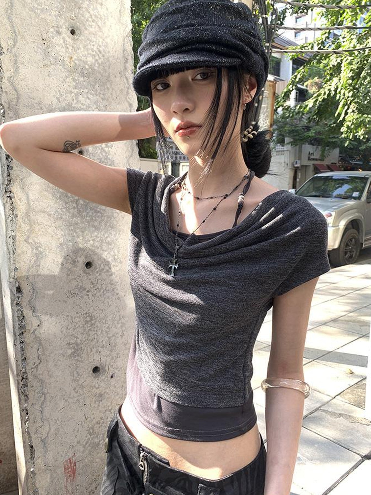 Updateang project Post Apocalyptic Stacked Collar Layered Tie Detail Stretch Slim Tee