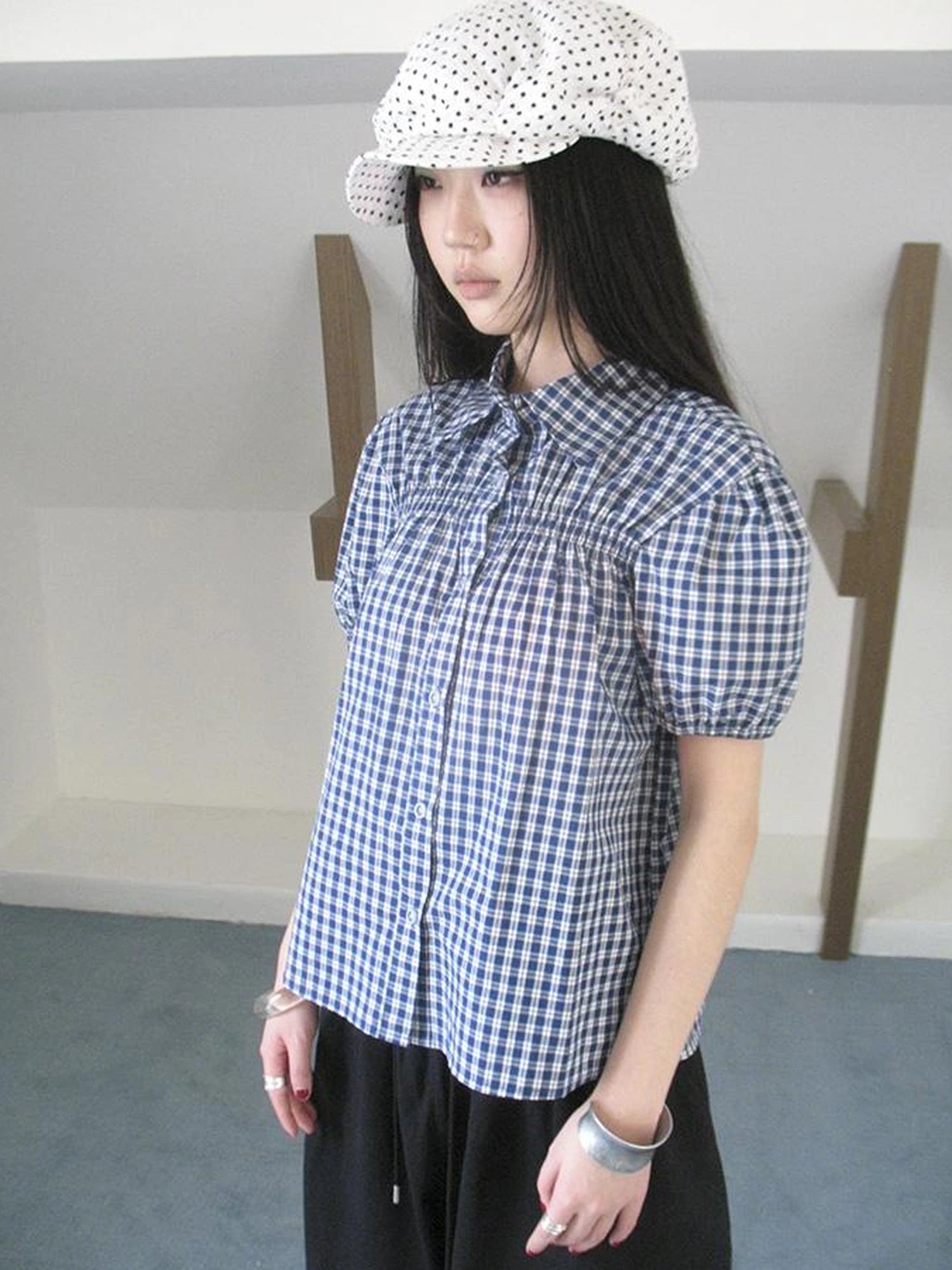 Puff Sleeve Plaid Short Sleeve Shirt