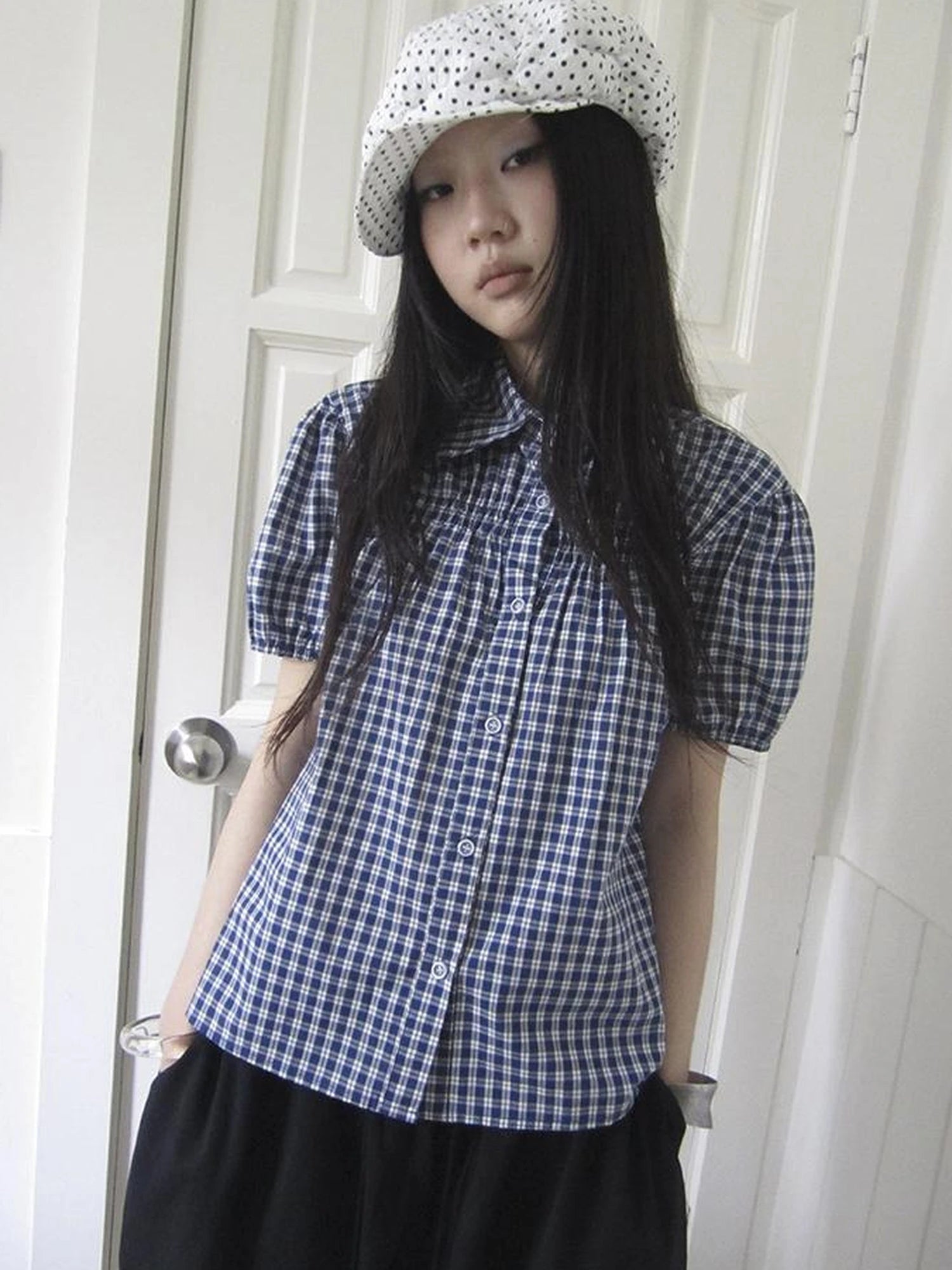 Puff Sleeve Plaid Short Sleeve Shirt