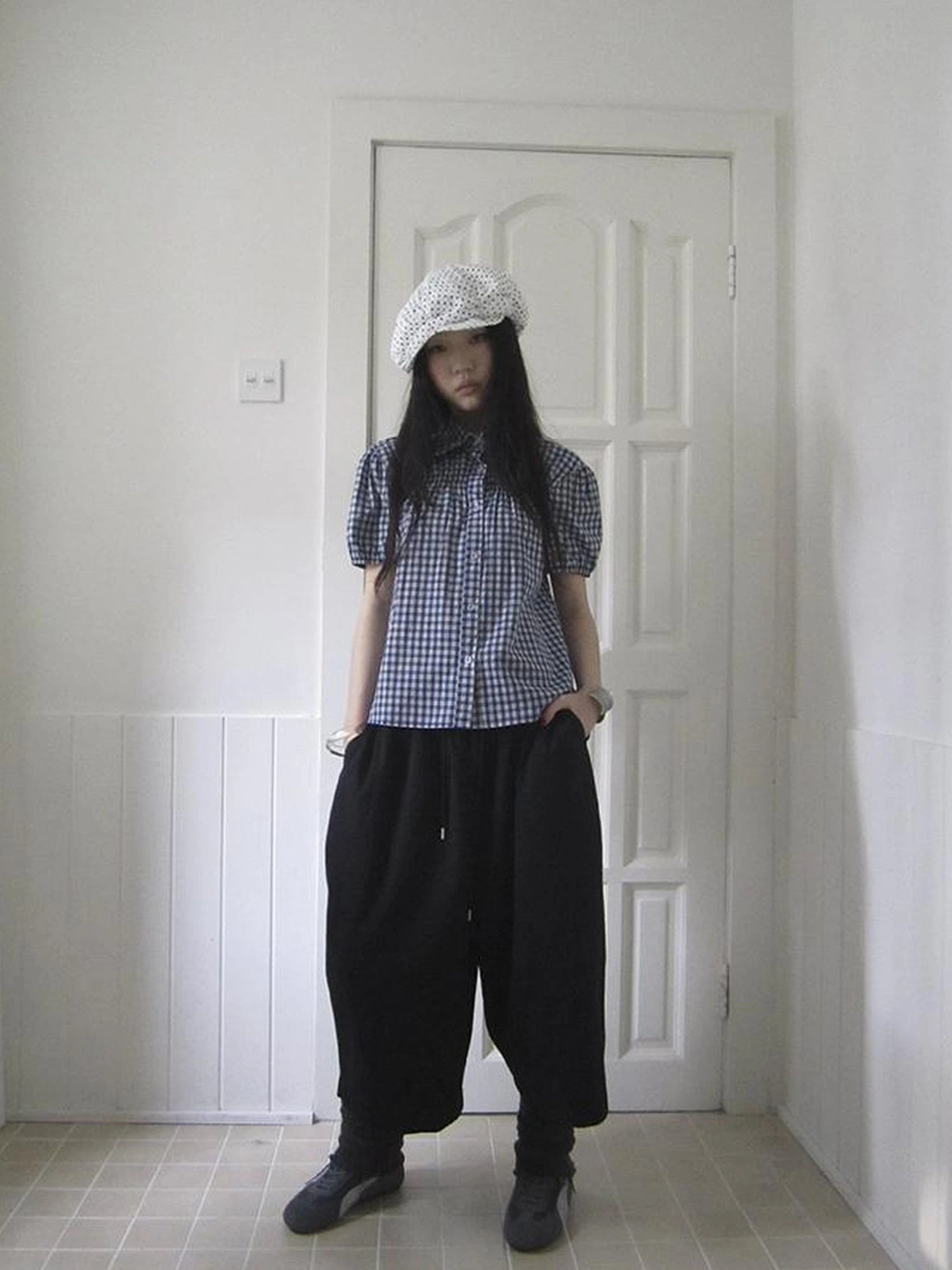 Puff Sleeve Plaid Short Sleeve Shirt