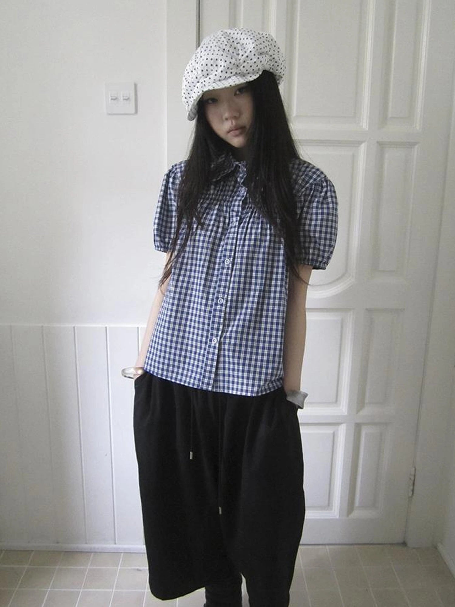 Puff Sleeve Plaid Short Sleeve Shirt