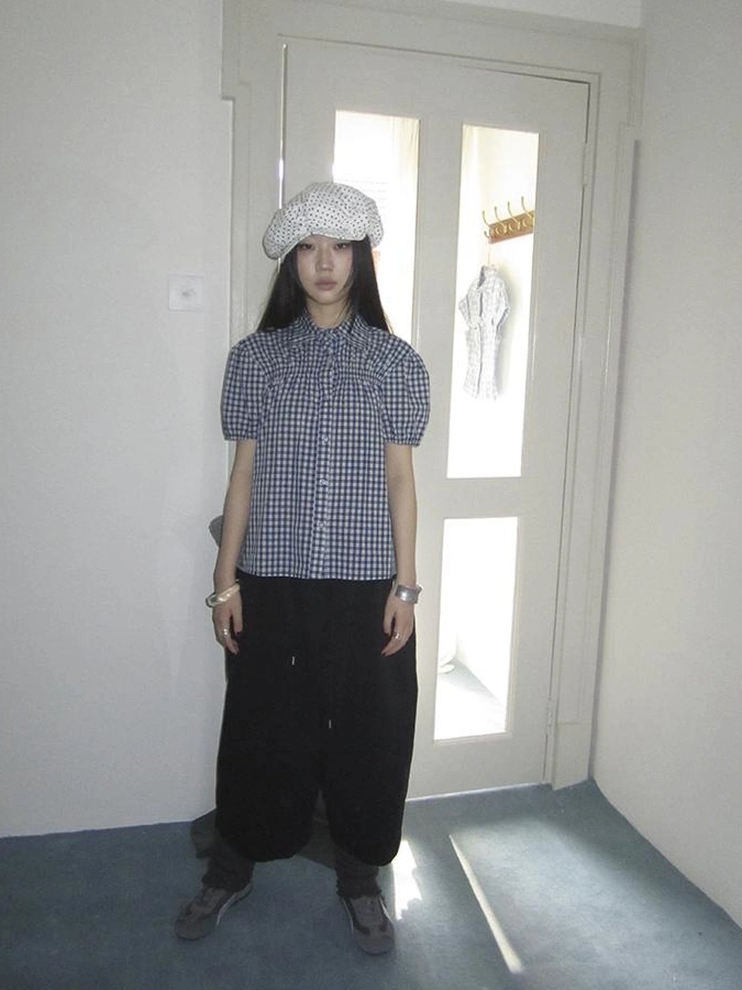 Puff Sleeve Plaid Short Sleeve Shirt