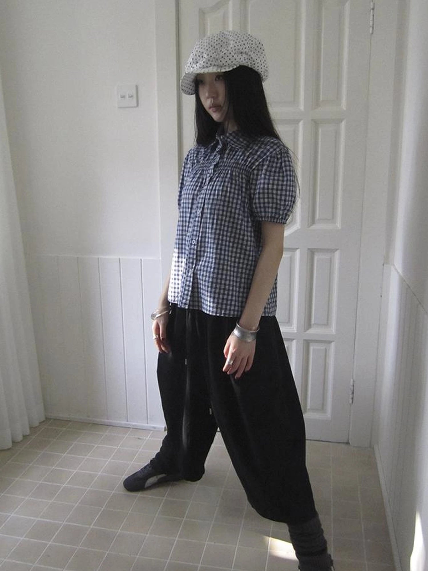 Puff Sleeve Plaid Short Sleeve Shirt