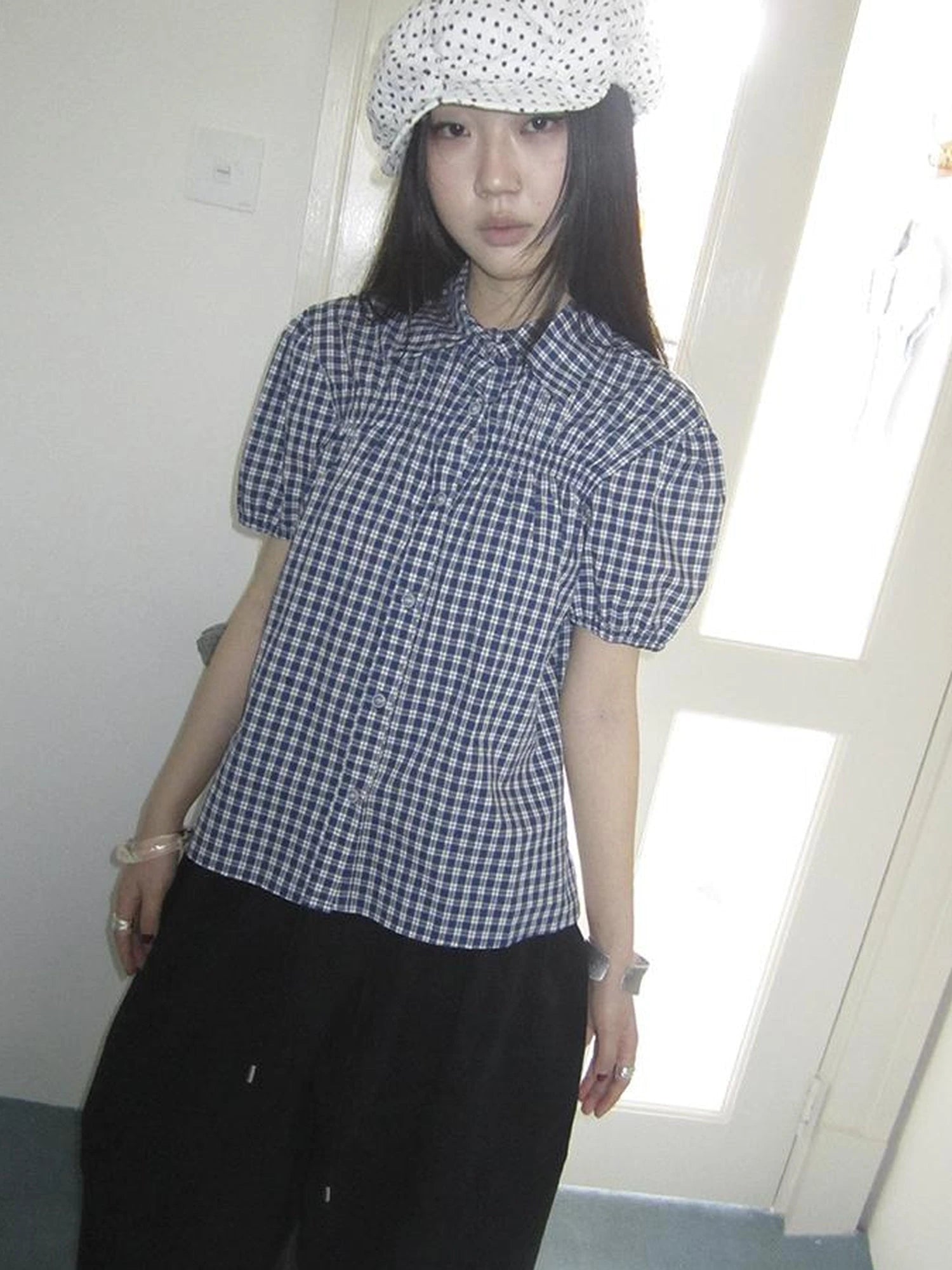 Puff Sleeve Plaid Short Sleeve Shirt