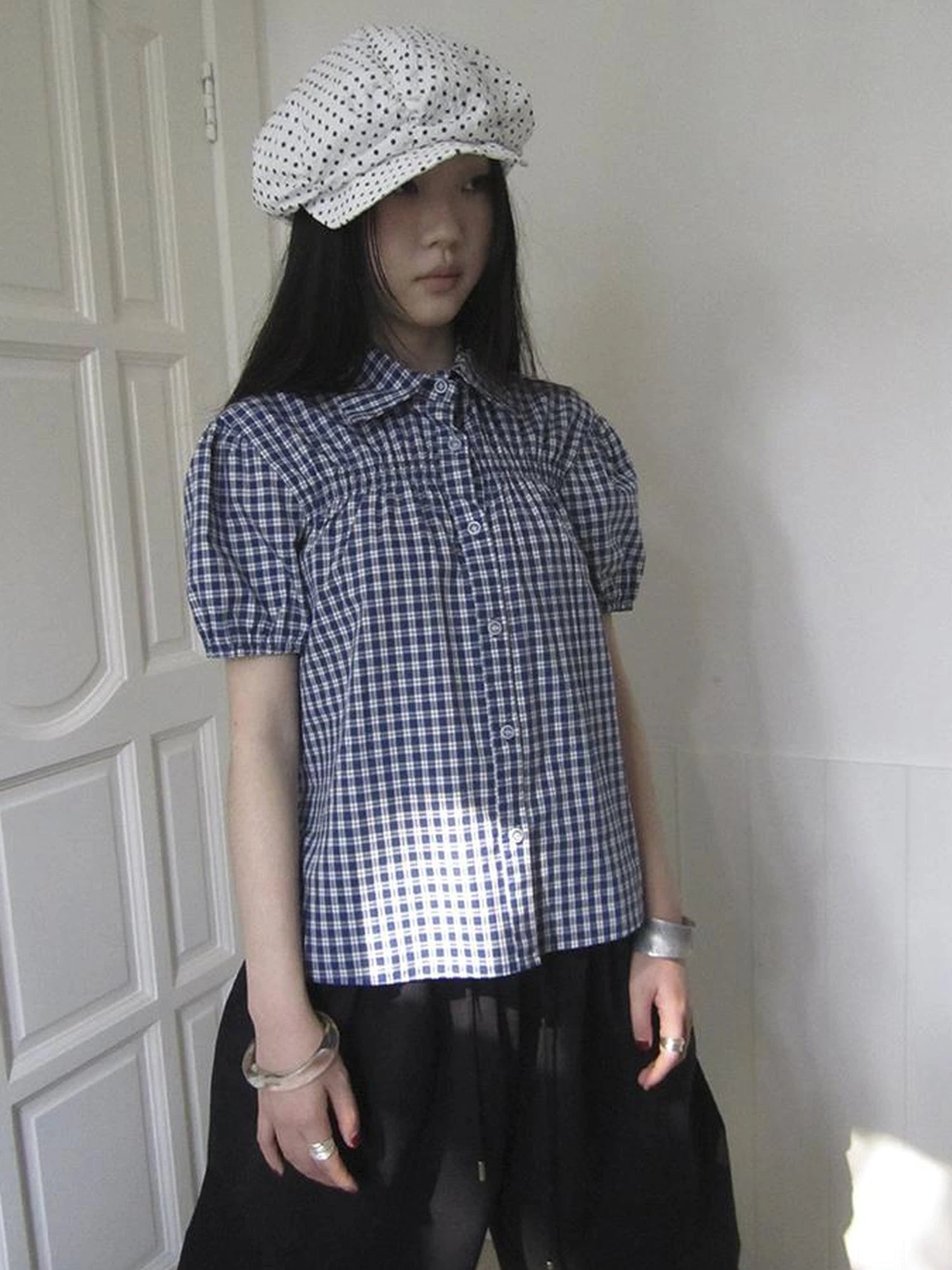 Puff Sleeve Plaid Short Sleeve Shirt