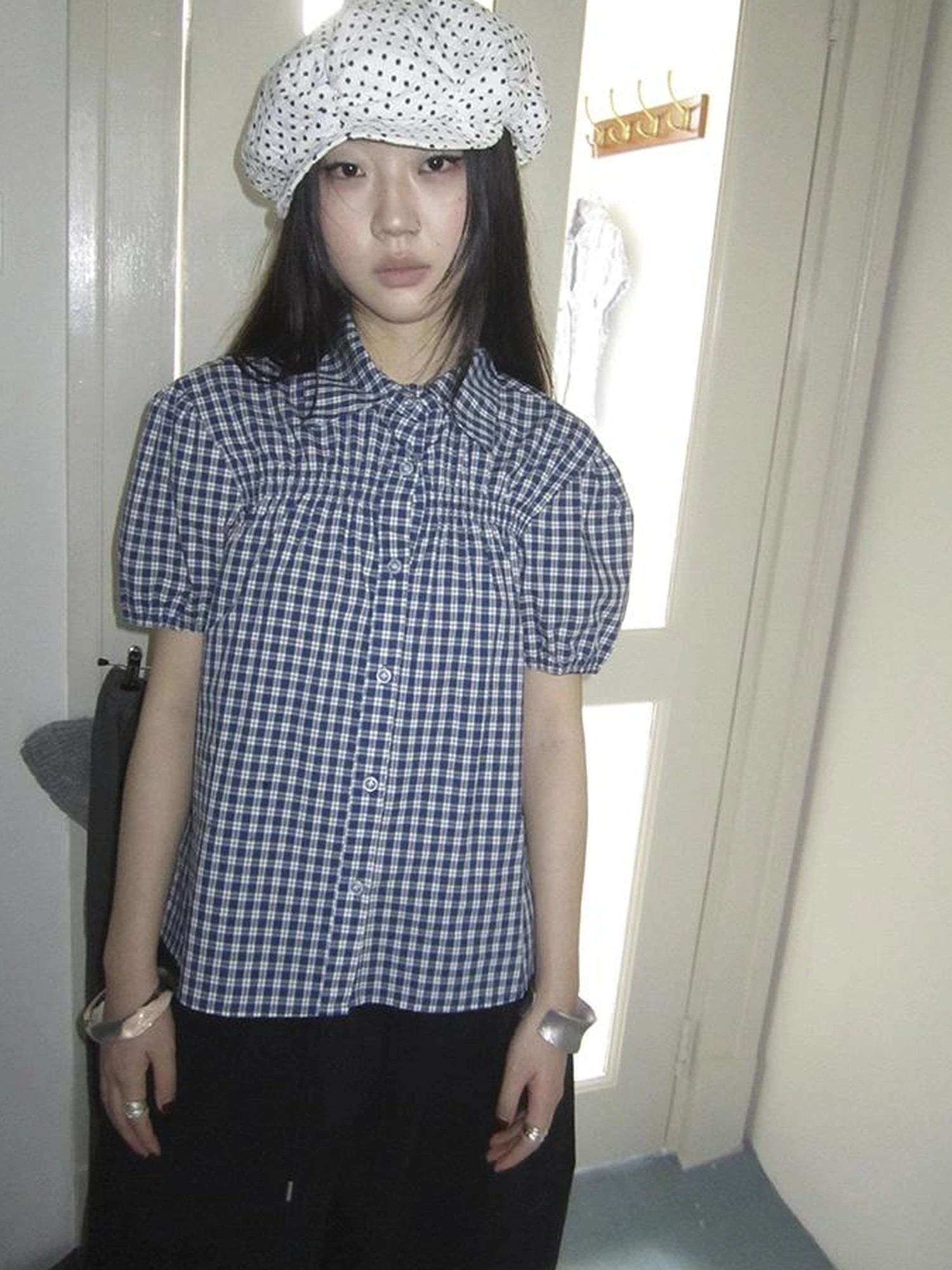 Puff Sleeve Plaid Short Sleeve Shirt