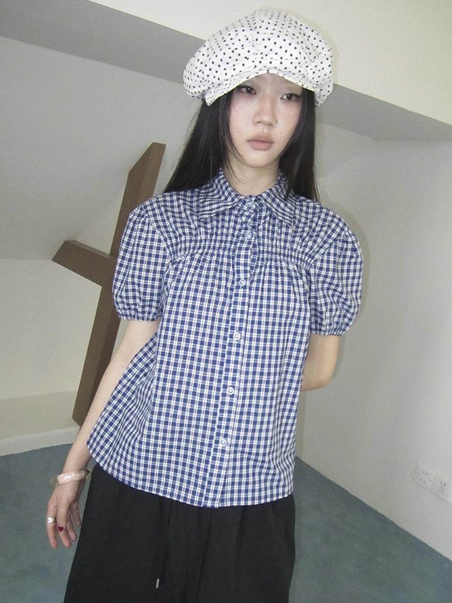 Puff Sleeve Plaid Short Sleeve Shirt
