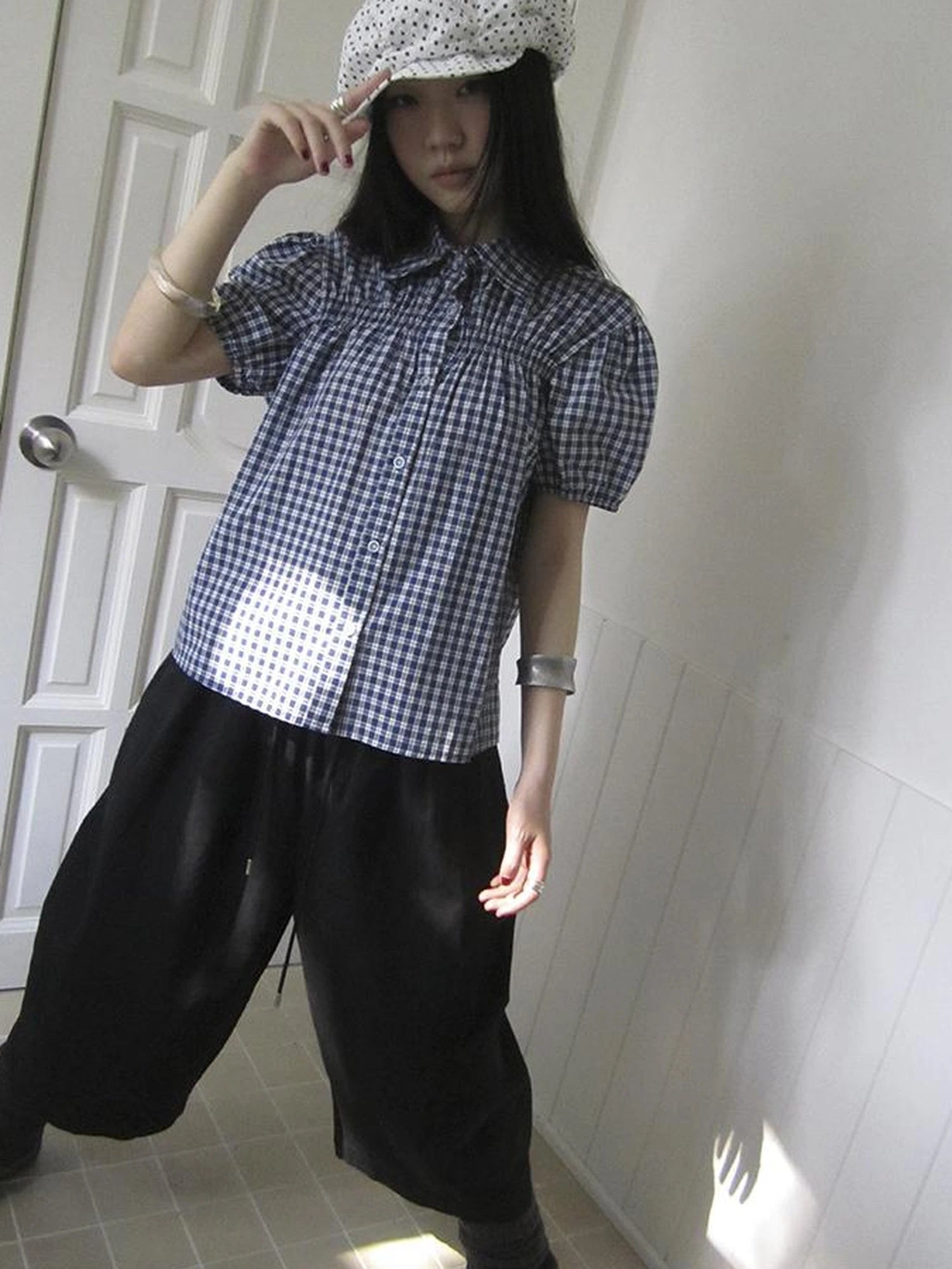 Puff Sleeve Plaid Short Sleeve Shirt