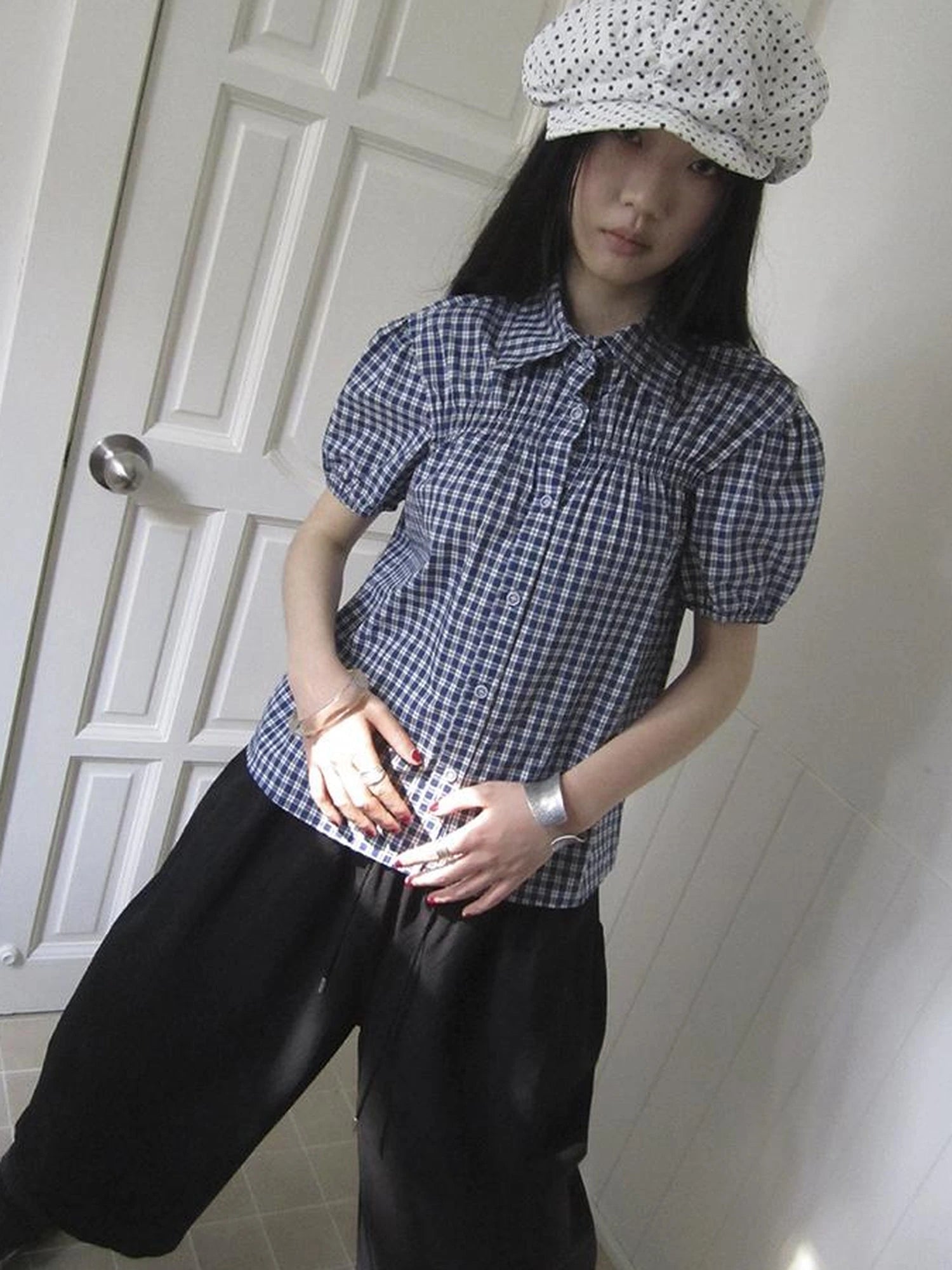 Puff Sleeve Plaid Short Sleeve Shirt