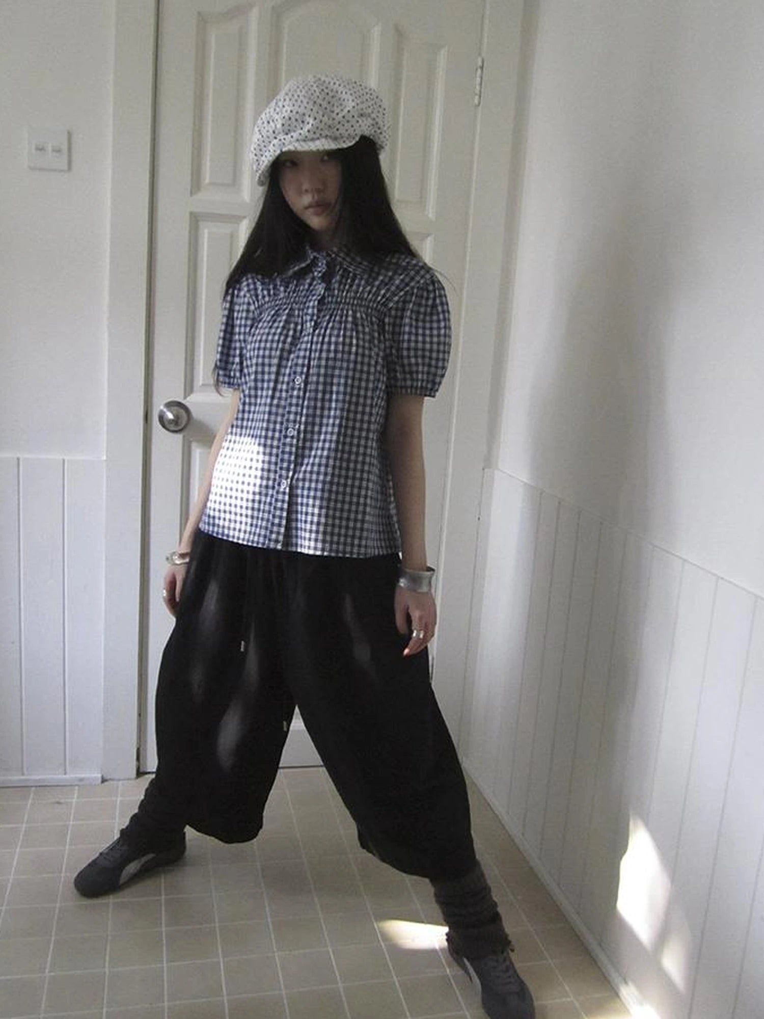 Puff Sleeve Plaid Short Sleeve Shirt