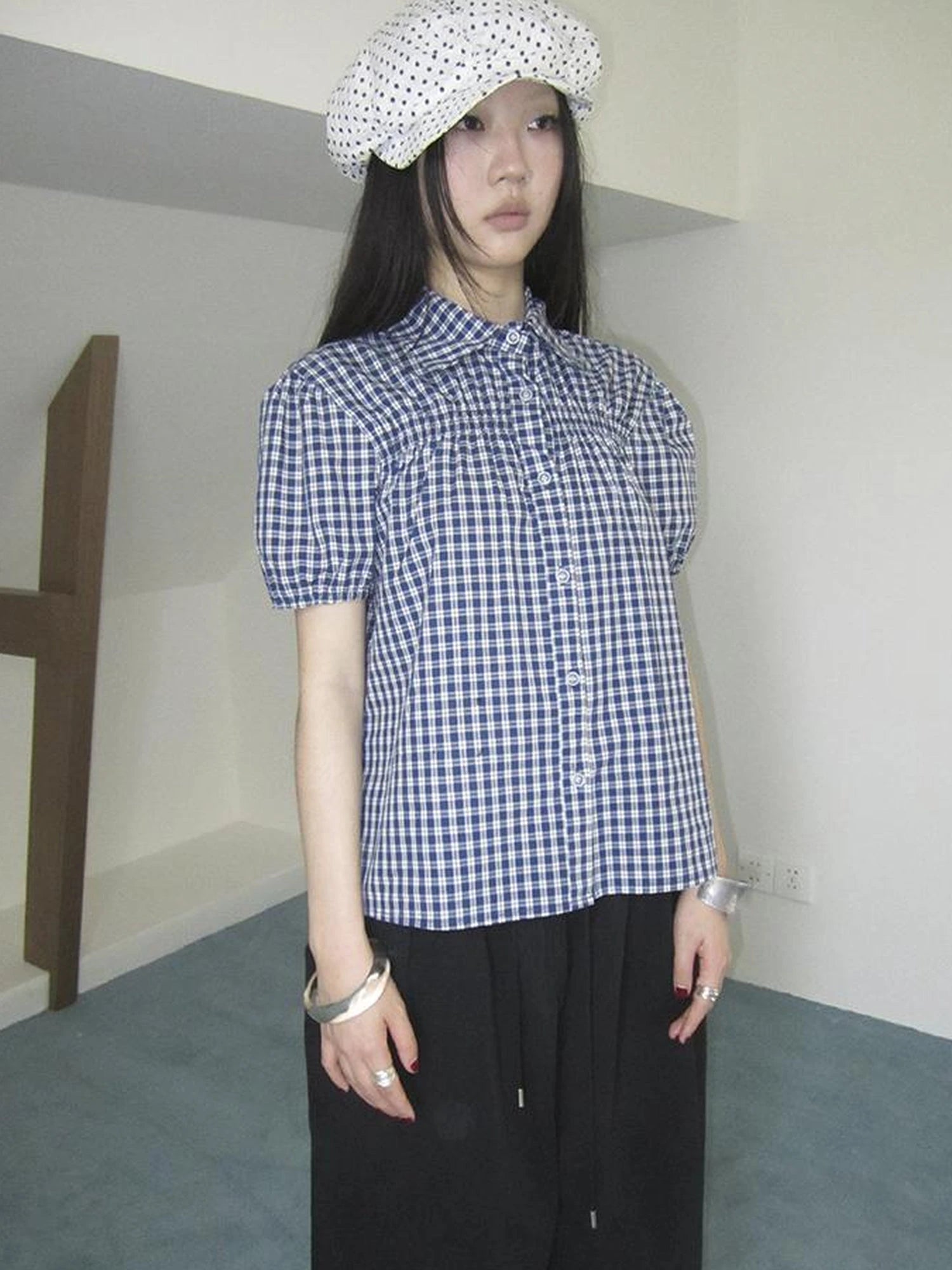 Puff Sleeve Plaid Short Sleeve Shirt
