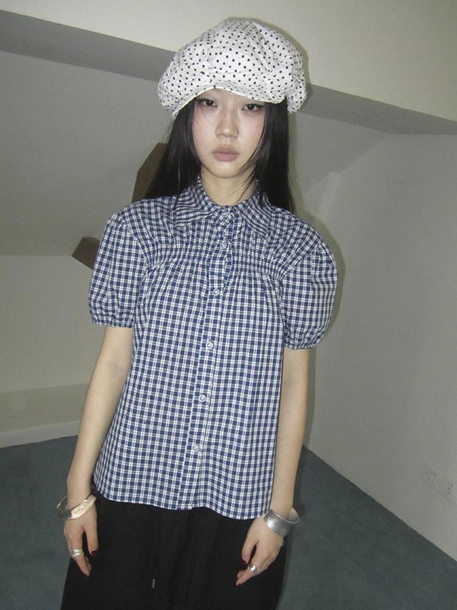 Puff Sleeve Plaid Short Sleeve Shirt