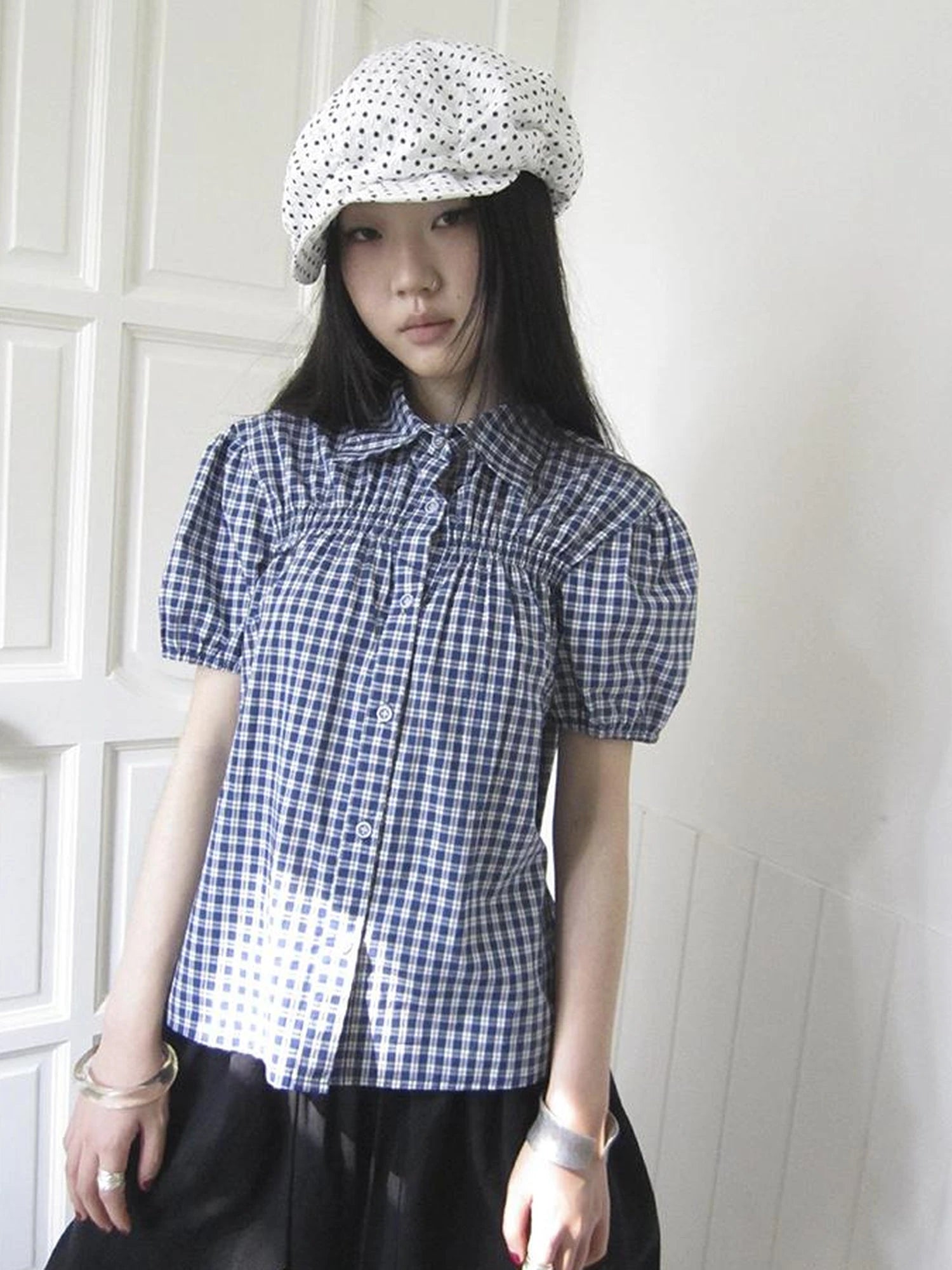 Puff Sleeve Plaid Short Sleeve Shirt