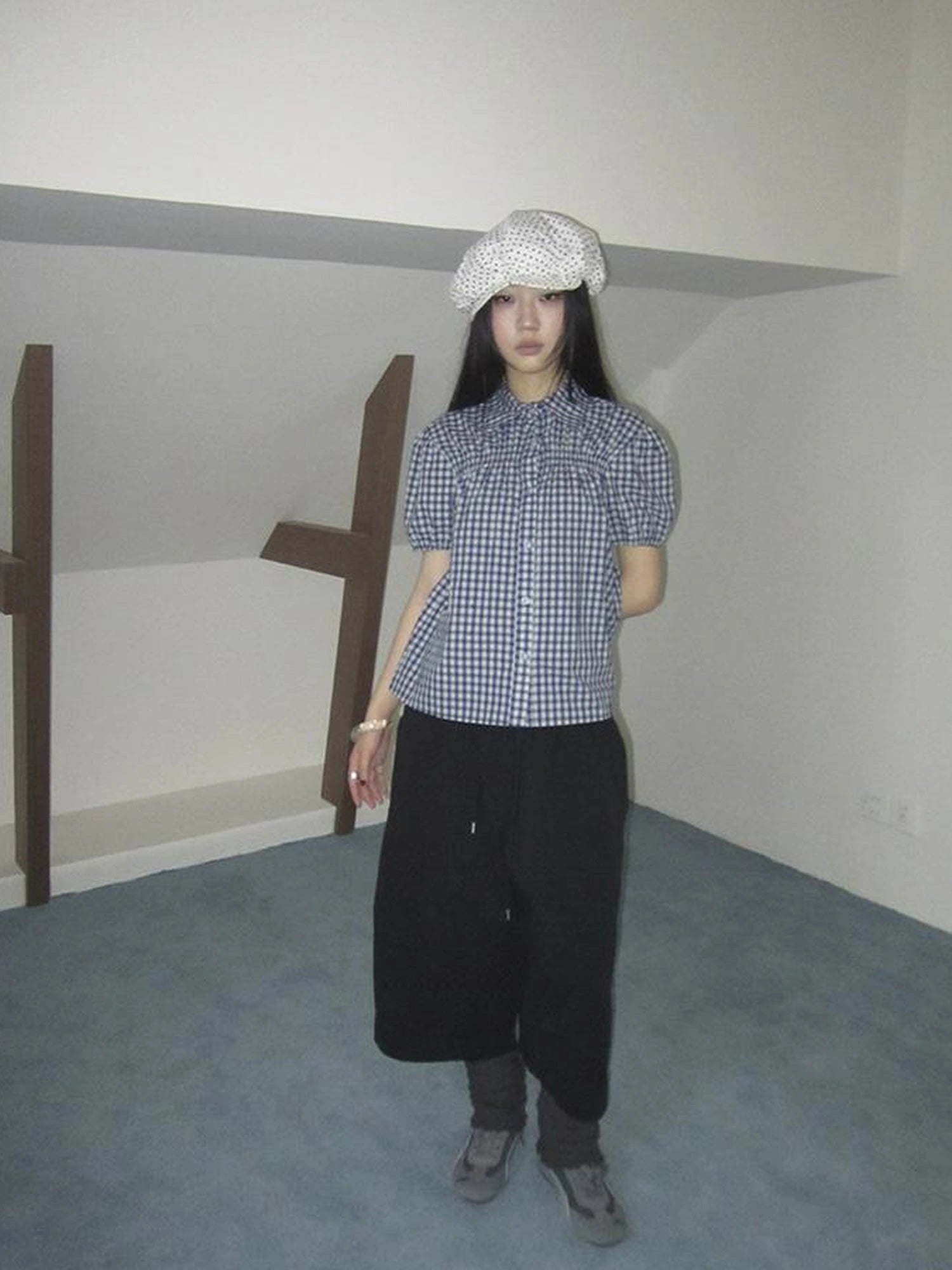 Puff Sleeve Plaid Short Sleeve Shirt