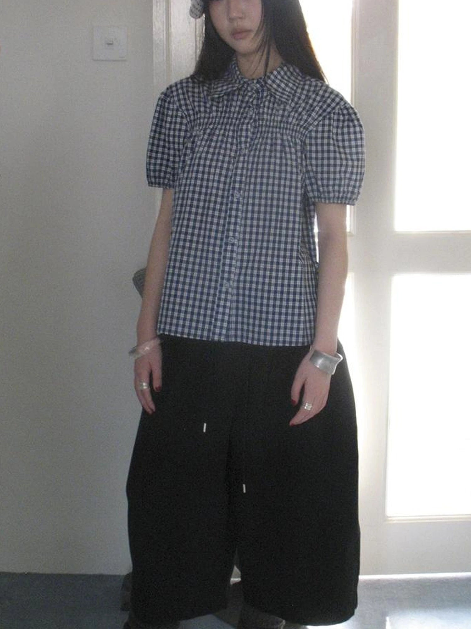 Puff Sleeve Plaid Short Sleeve Shirt