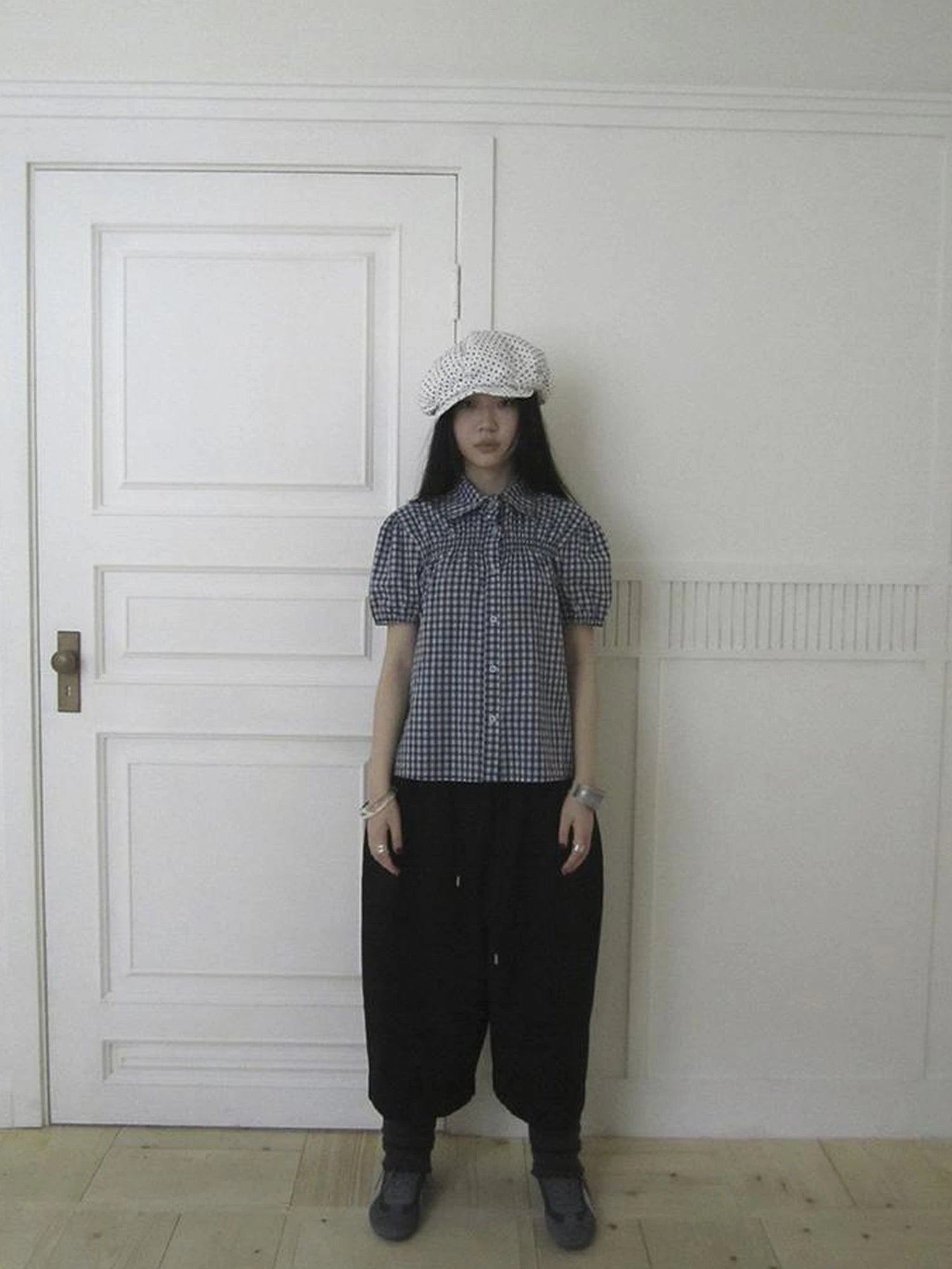 Puff Sleeve Plaid Short Sleeve Shirt