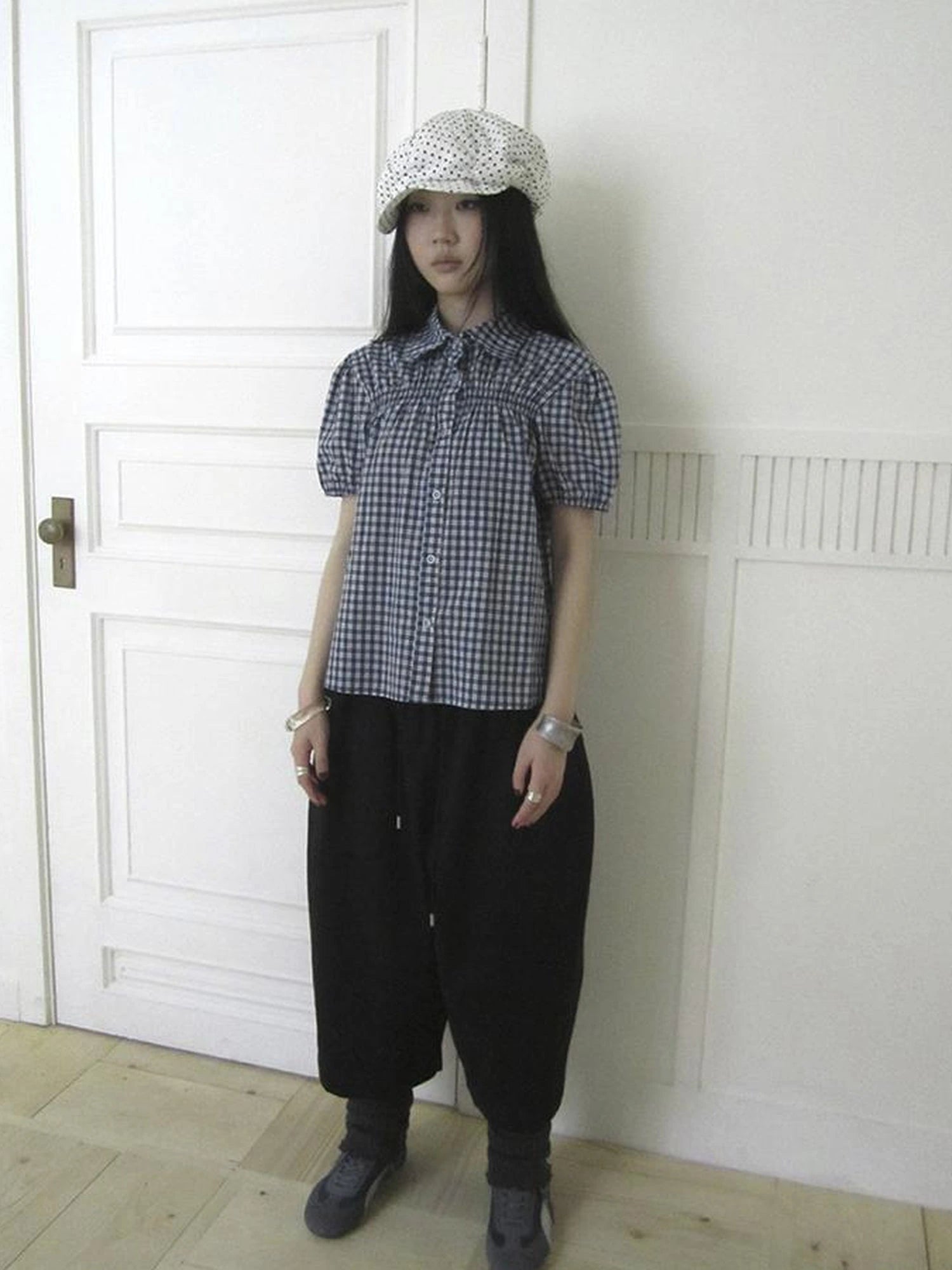 Puff Sleeve Plaid Short Sleeve Shirt