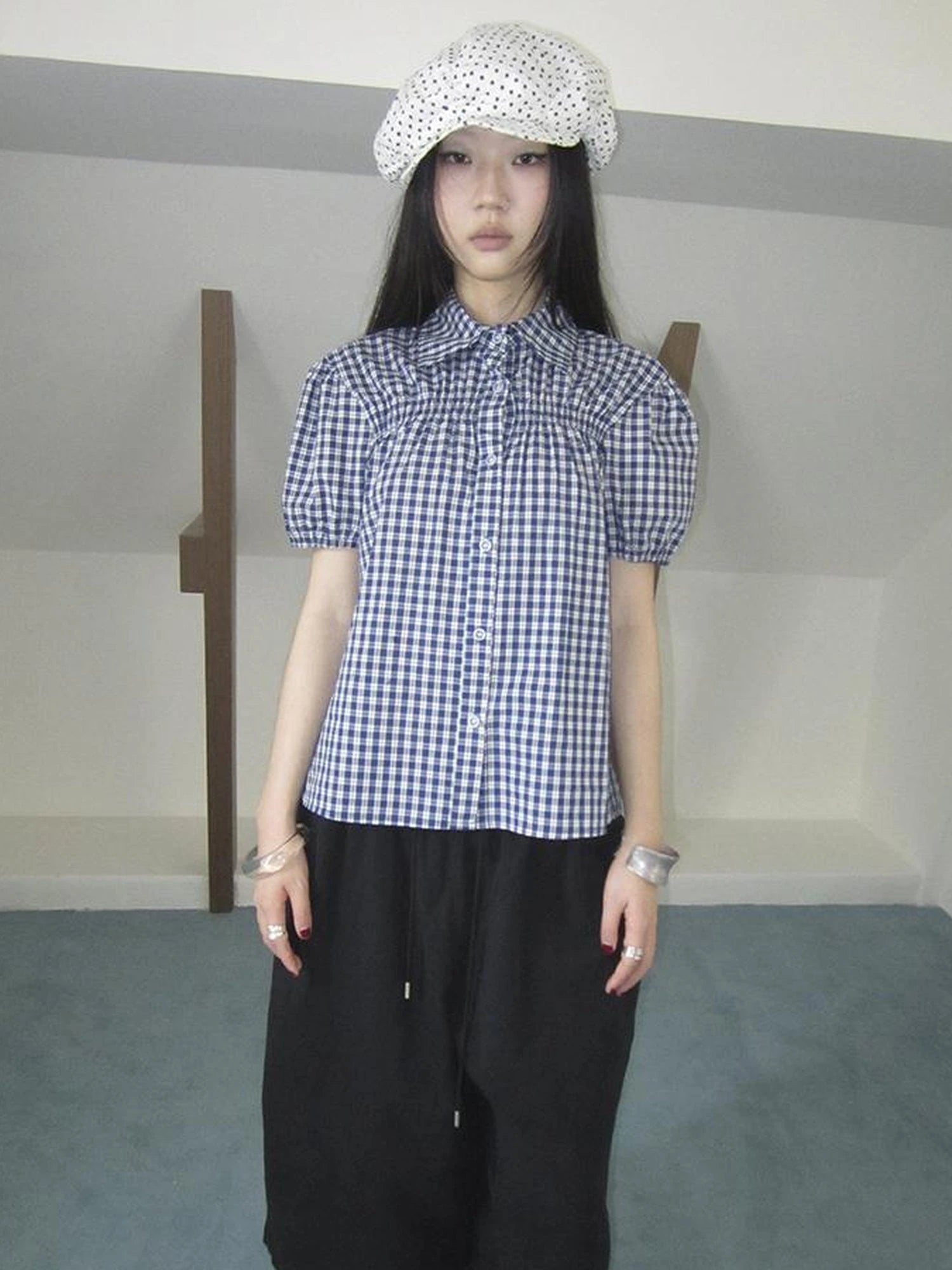 Puff Sleeve Plaid Short Sleeve Shirt