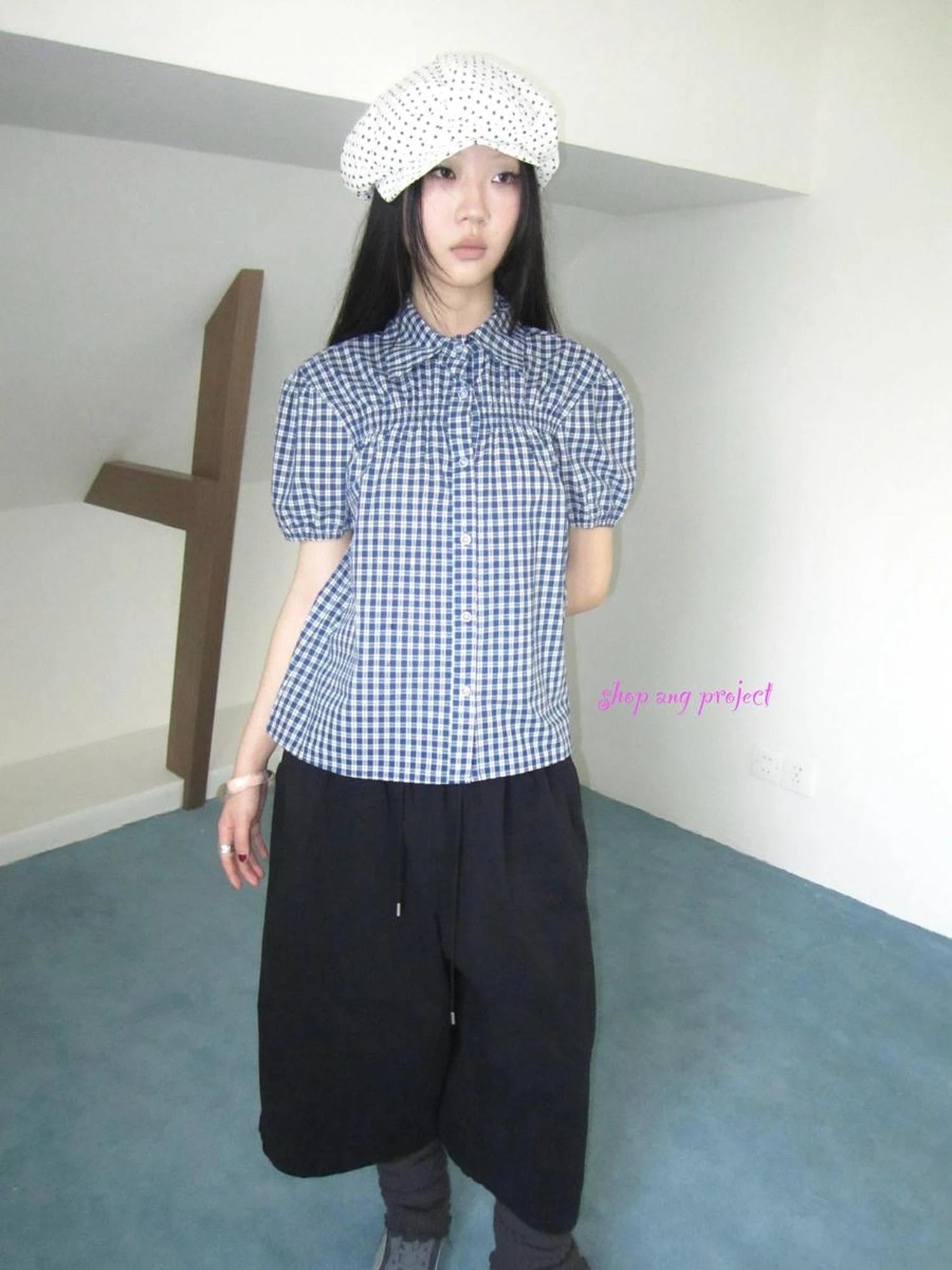 Puff Sleeve Plaid Short Sleeve Shirt