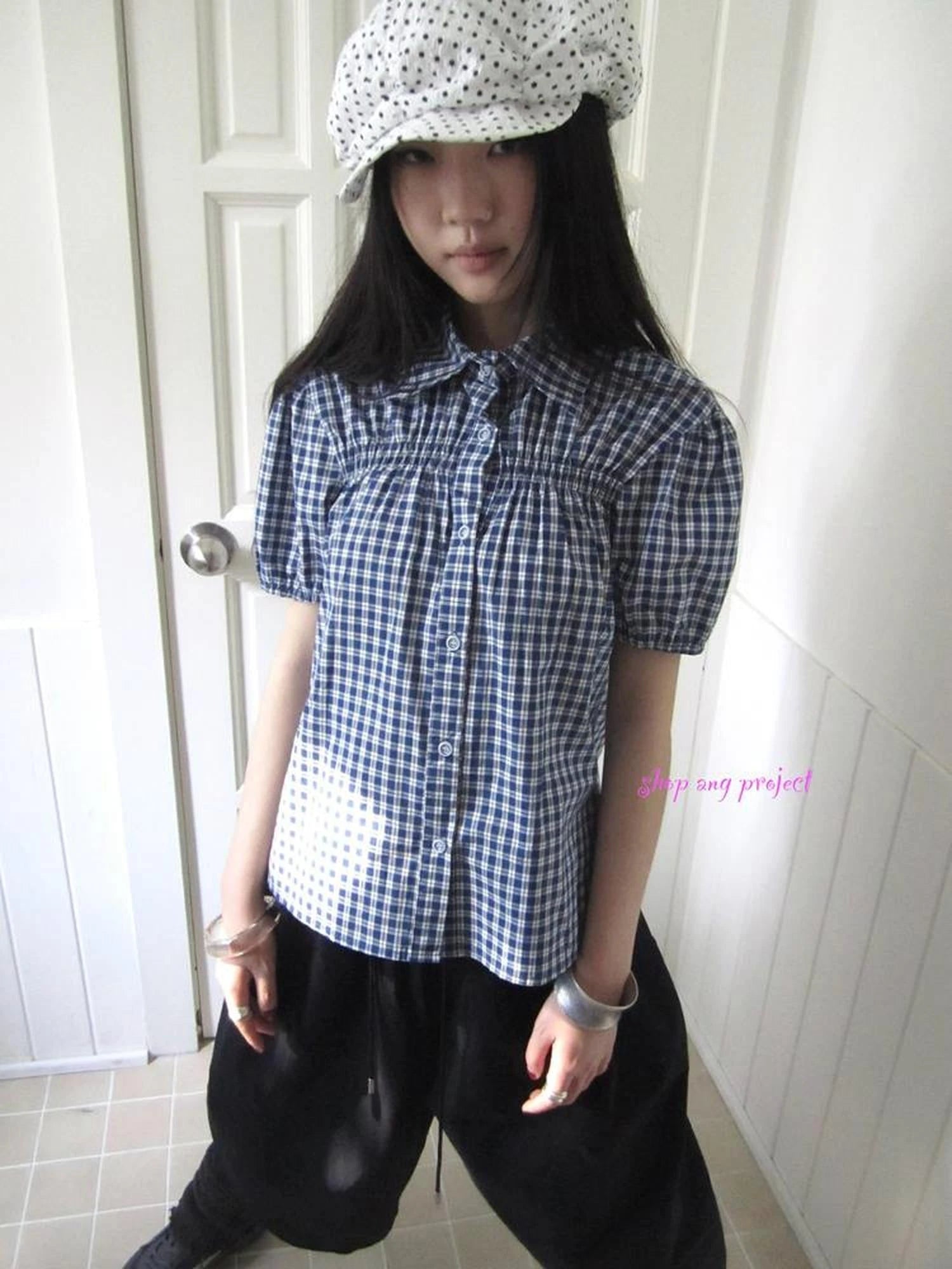 Puff Sleeve Plaid Short Sleeve Shirt