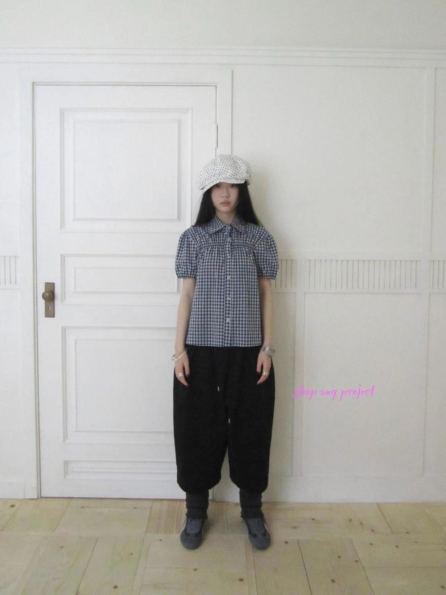 Puff Sleeve Plaid Short Sleeve Shirt