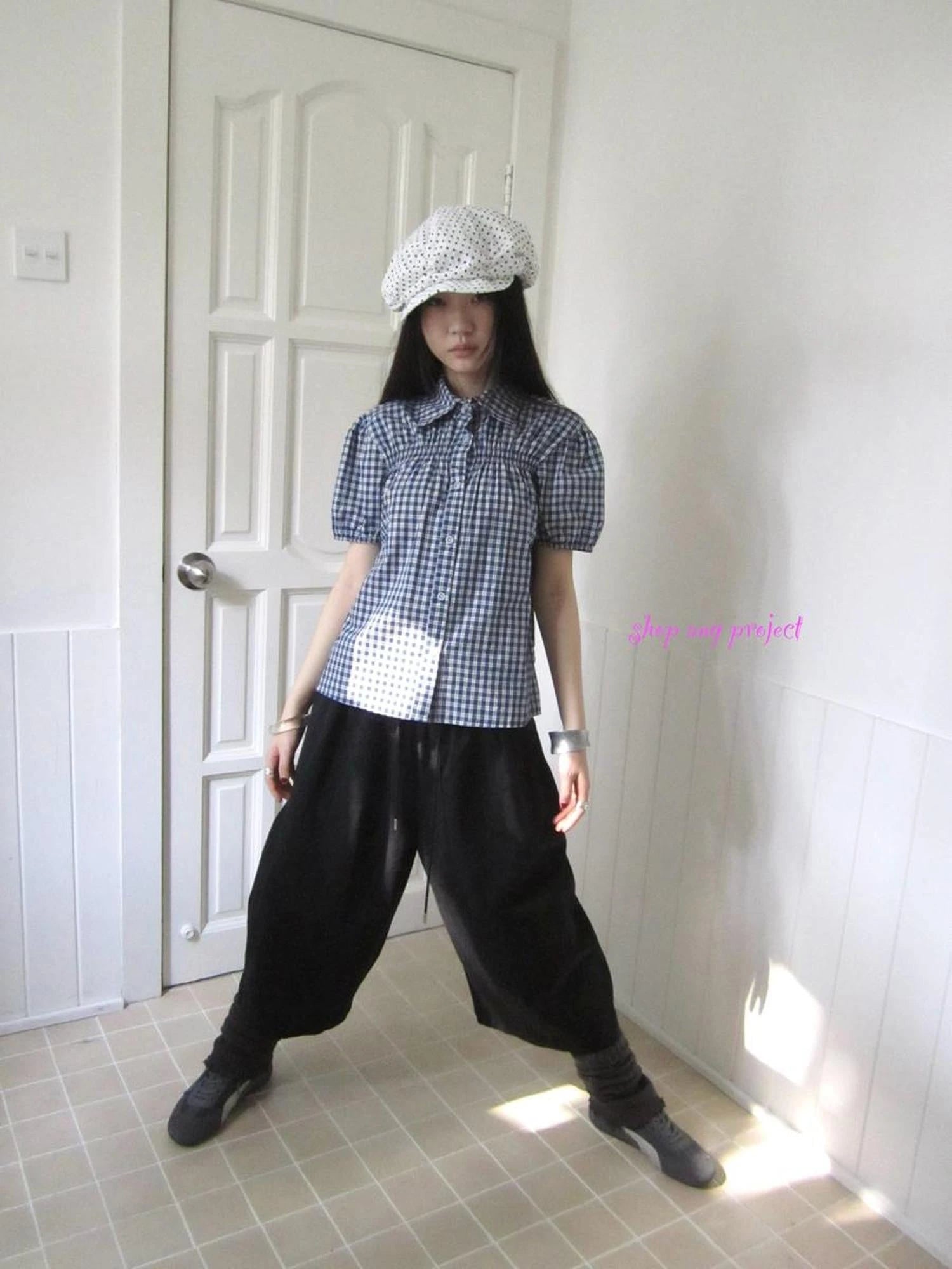 Puff Sleeve Plaid Short Sleeve Shirt