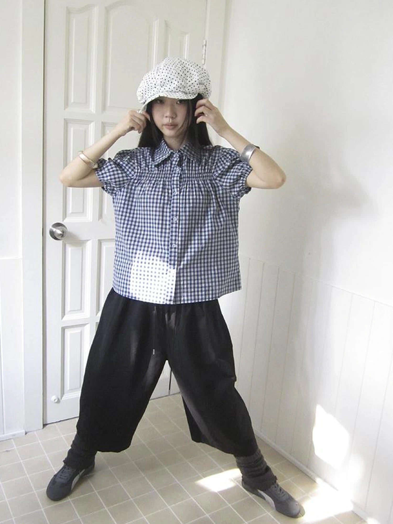 Puff Sleeve Plaid Short Sleeve Shirt