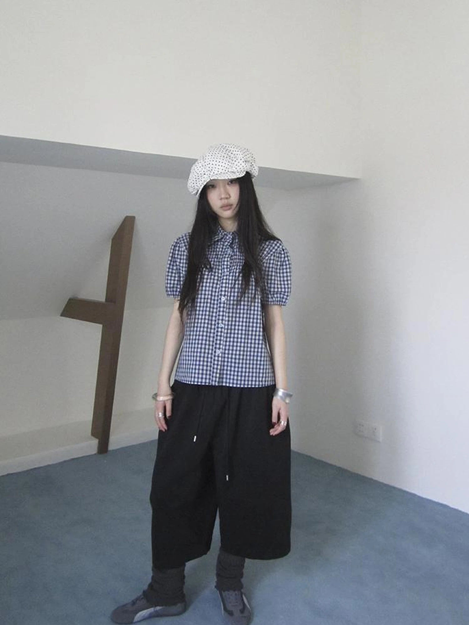 Puff Sleeve Plaid Short Sleeve Shirt