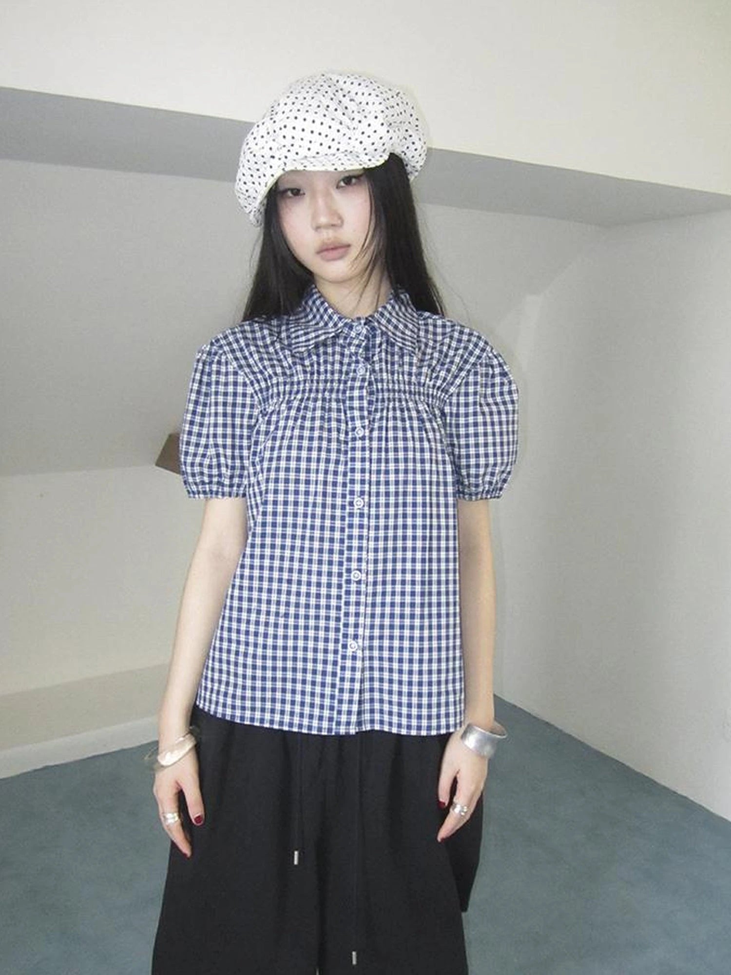 Puff Sleeve Plaid Short Sleeve Shirt