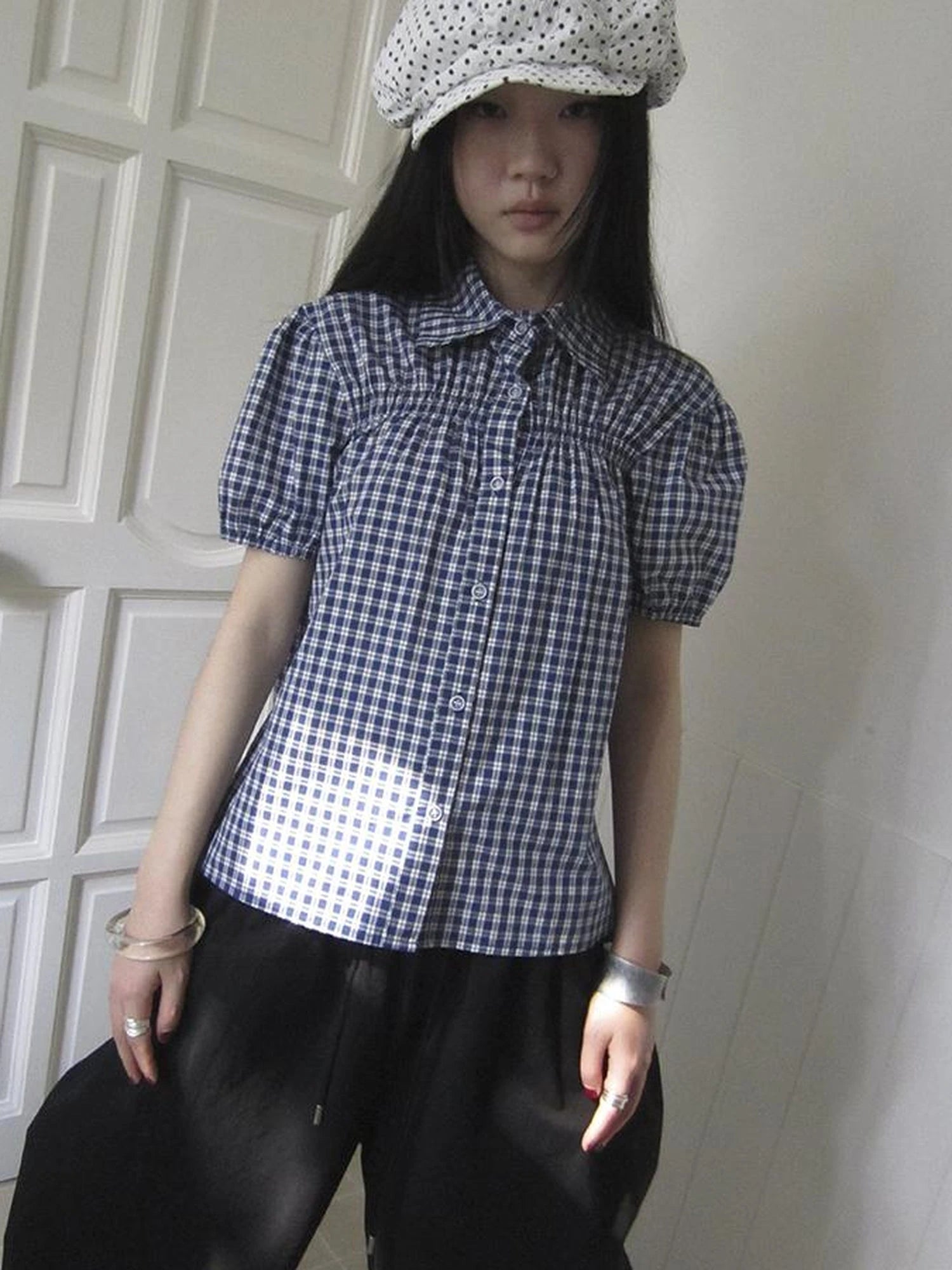 Puff Sleeve Plaid Short Sleeve Shirt