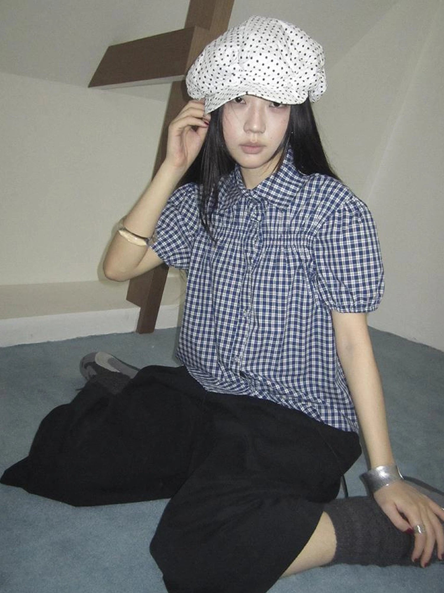 Puff Sleeve Plaid Short Sleeve Shirt