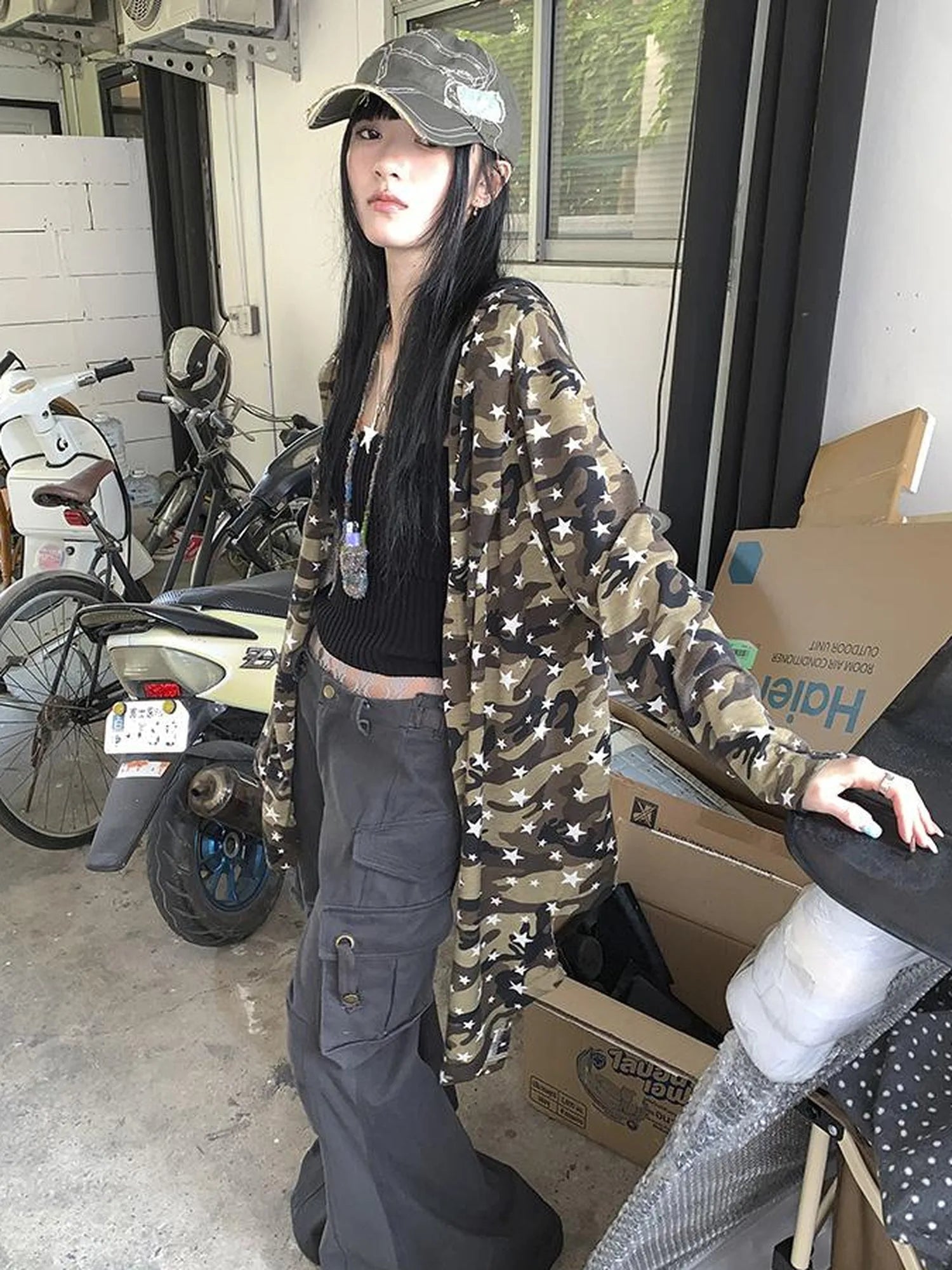 Punk Star Camo Cropped Hoodie Top