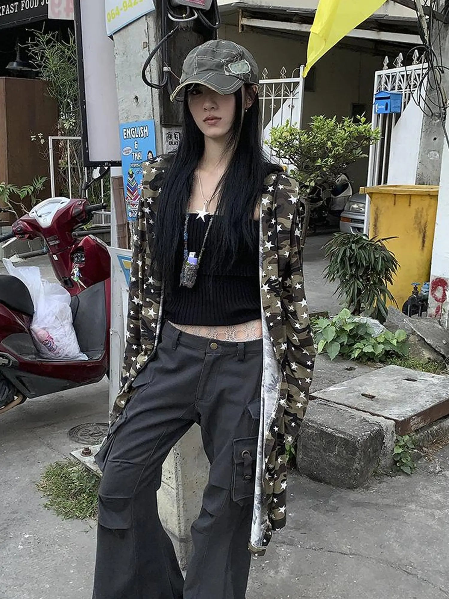 Punk Star Camo Cropped Hoodie Top