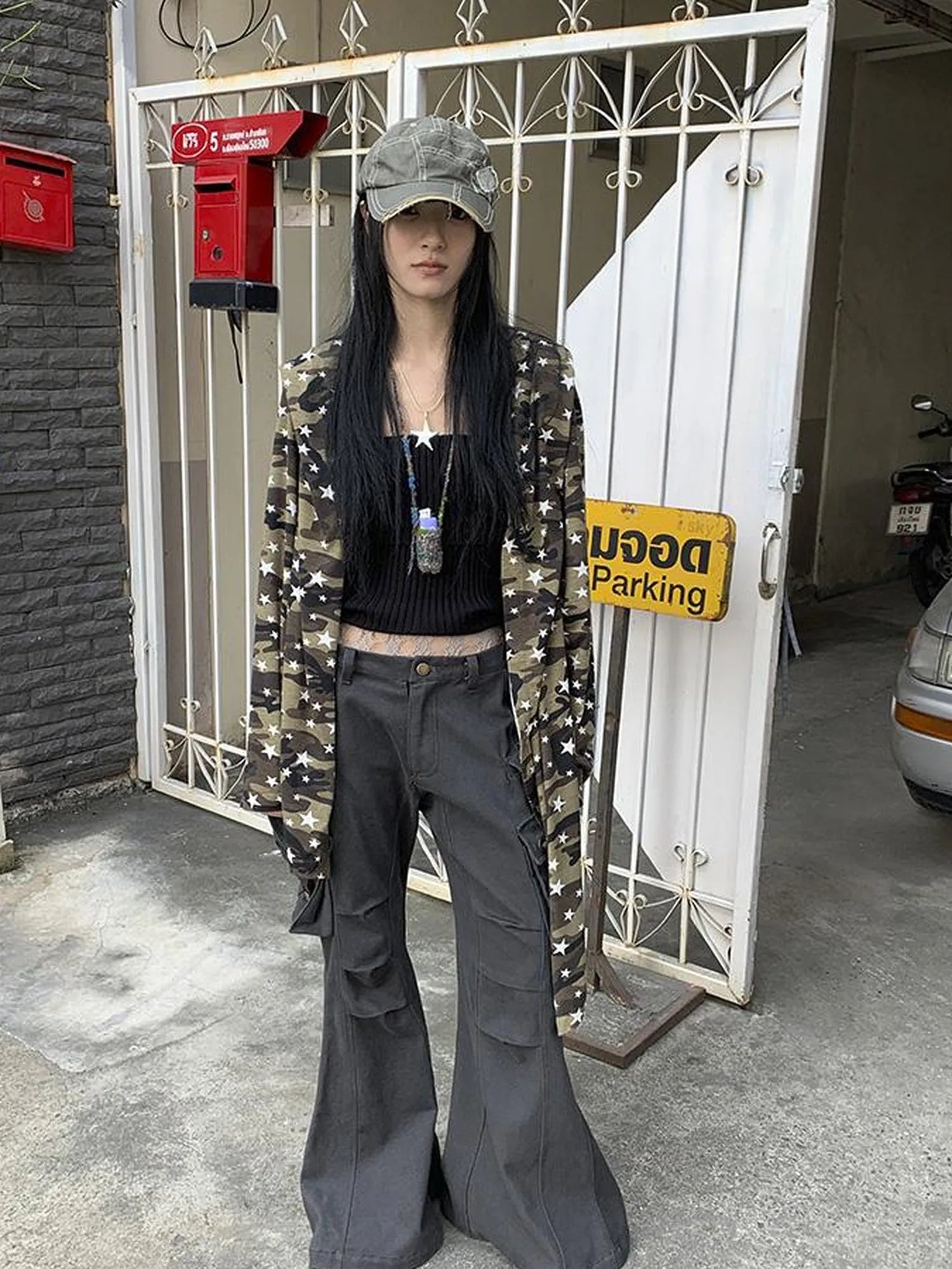 Punk Star Camo Cropped Hoodie Top