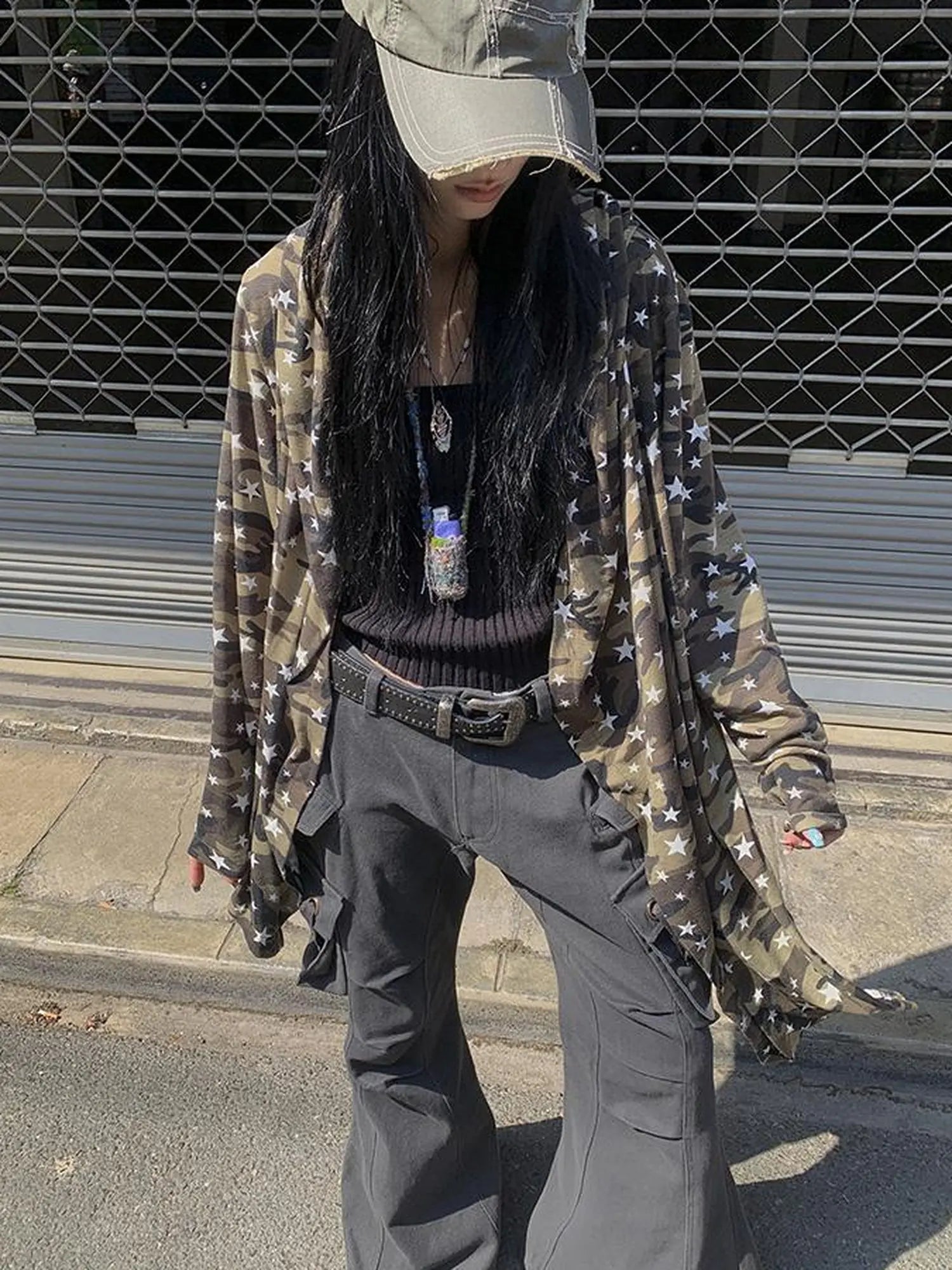 Punk Star Camo Cropped Hoodie Top