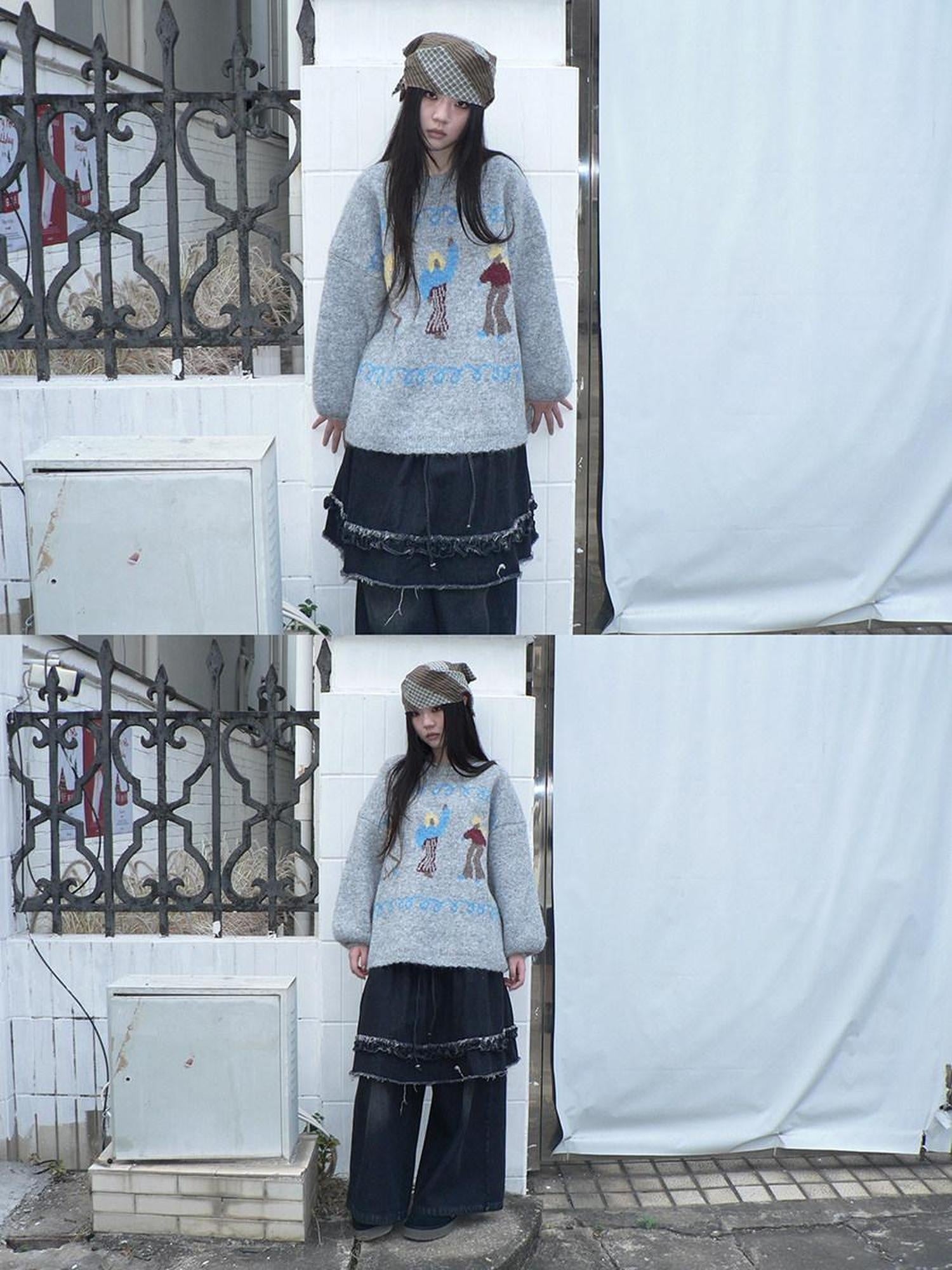 ang project Relaxed Loose Fit Pullover Printed Crewneck Long Sleeve Girls Navy Gray Sweater