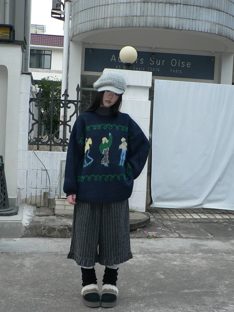 ang project Relaxed Loose Fit Pullover Printed Crewneck Long Sleeve Girls Navy Gray Sweater