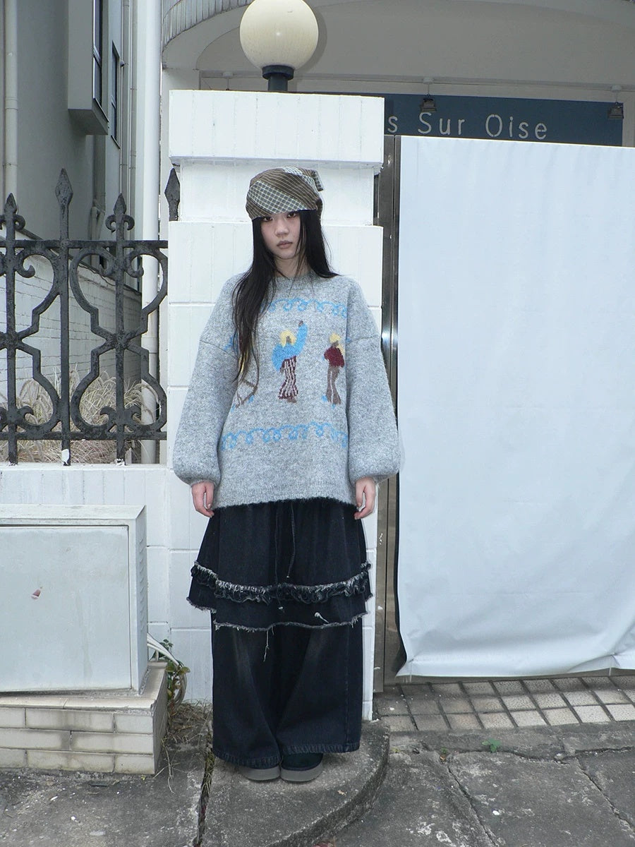 ang project Relaxed Loose Fit Pullover Printed Crewneck Long Sleeve Girls Navy Gray Sweater