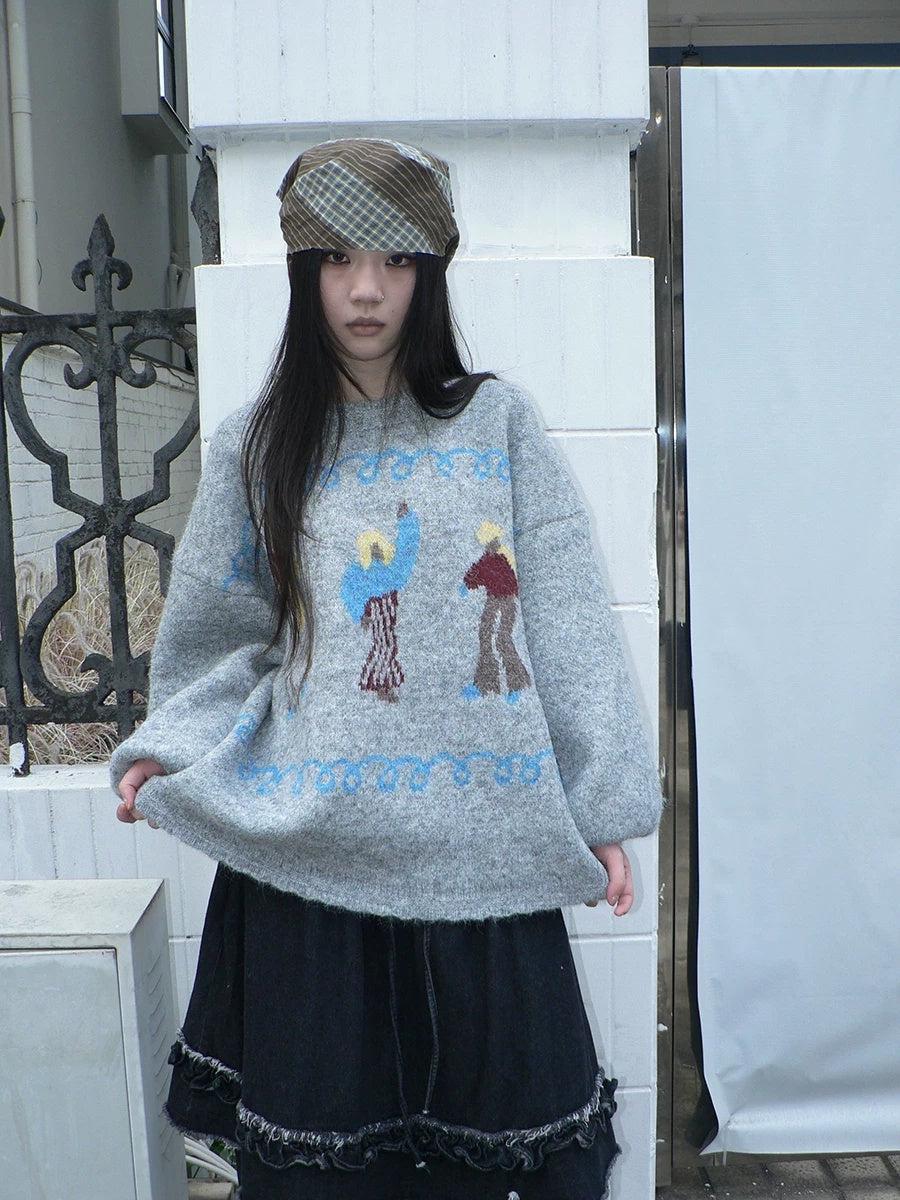 ang project Relaxed Loose Fit Pullover Printed Crewneck Long Sleeve Girls Navy Gray Sweater