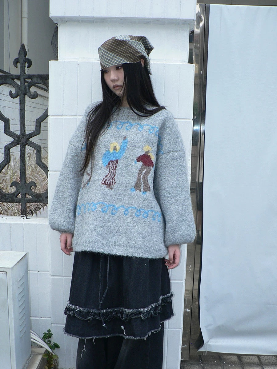ang project Relaxed Loose Fit Pullover Printed Crewneck Long Sleeve Girls Navy Gray Sweater