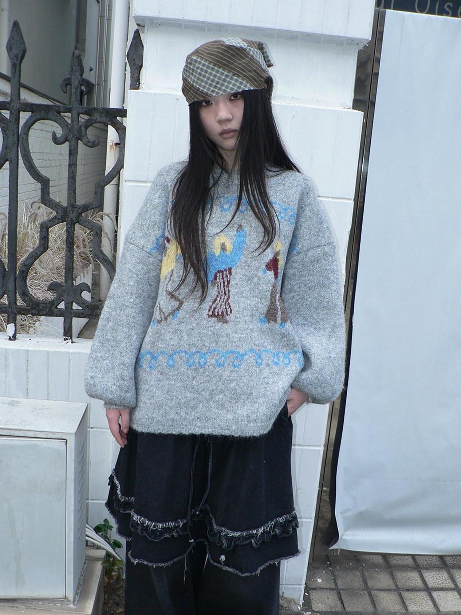 ang project Relaxed Loose Fit Pullover Printed Crewneck Long Sleeve Girls Navy Gray Sweater